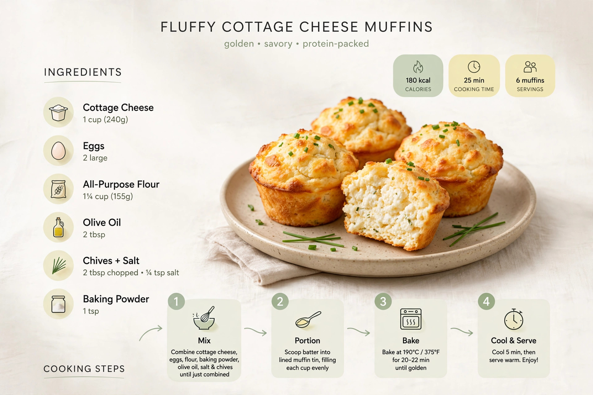 Recipe infographic: Fluffy Cottage Cheese Muffins — ingredients and step-by-step visual guide