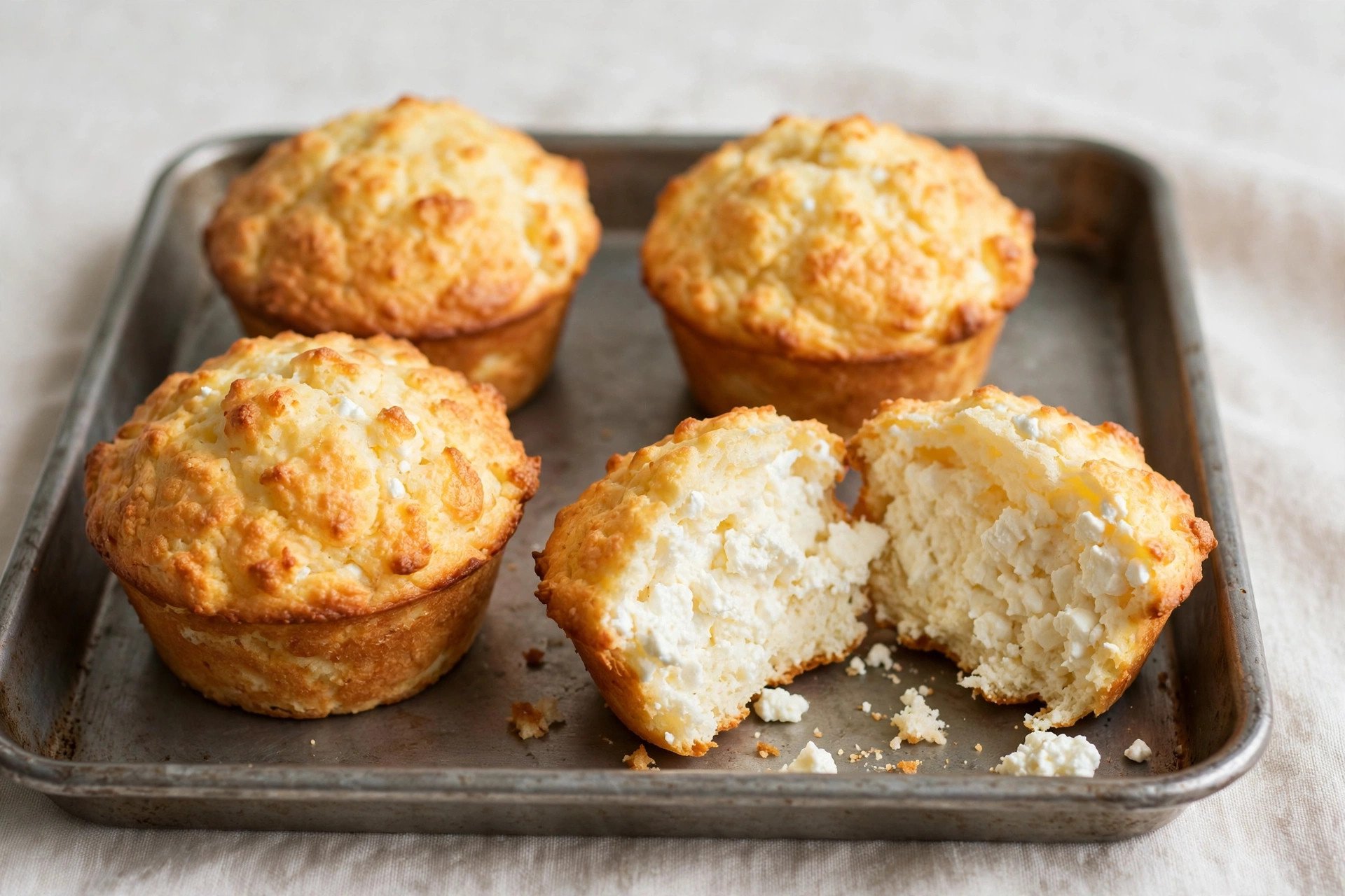 Golden fluffy cottage cheese muffins in a baking tray, one broken open