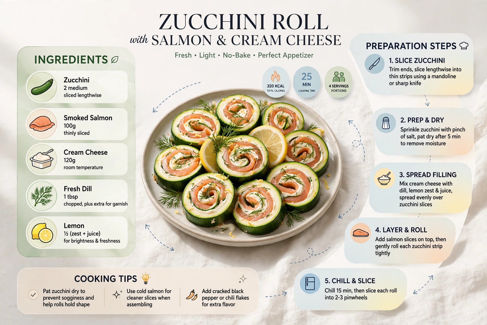 Recipe infographic: Zucchini Roll with Salmon and Cream Cheese — ingredients and step-by-step visual guide