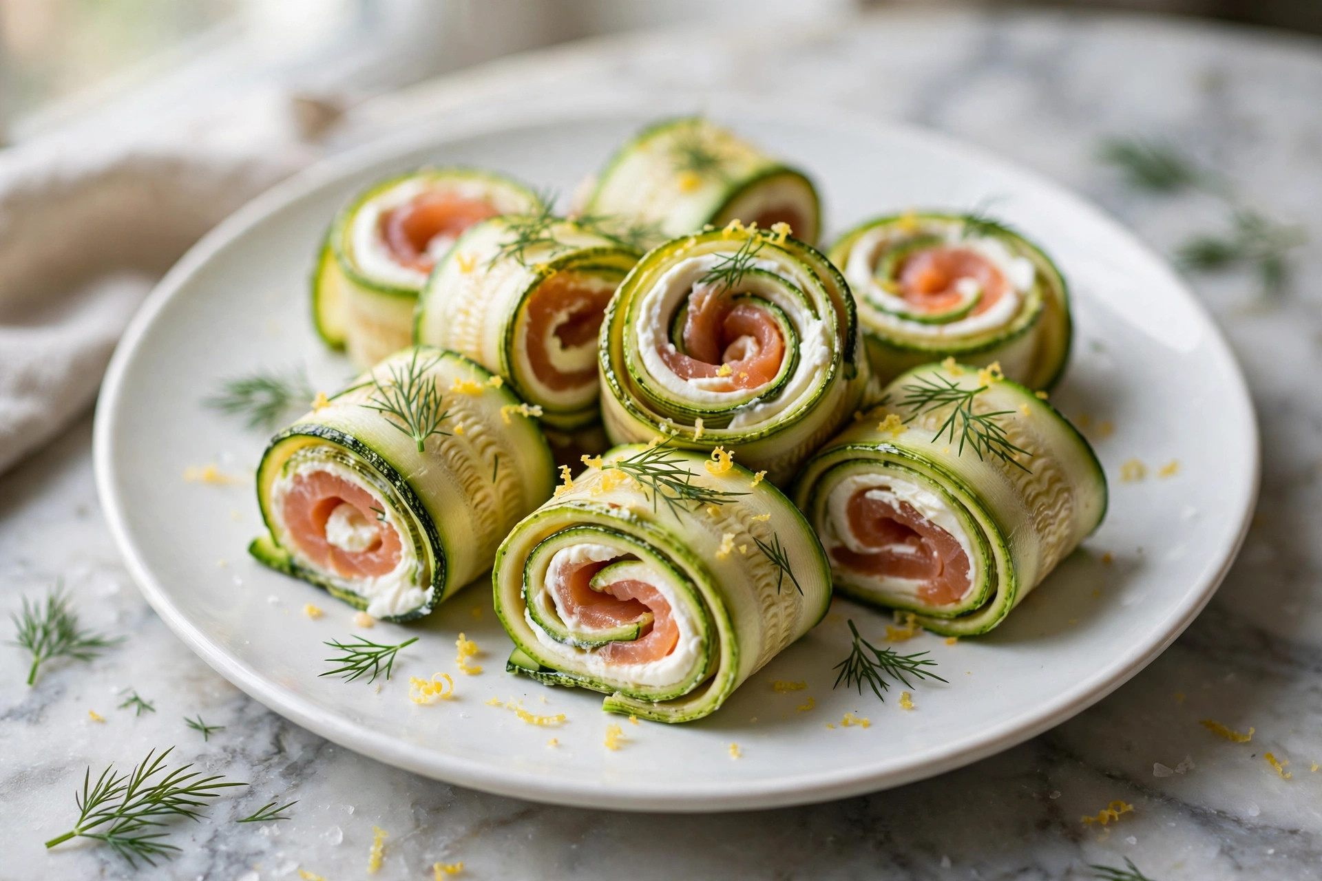 Sliced zucchini roll with smoked salmon and cream cheese filling