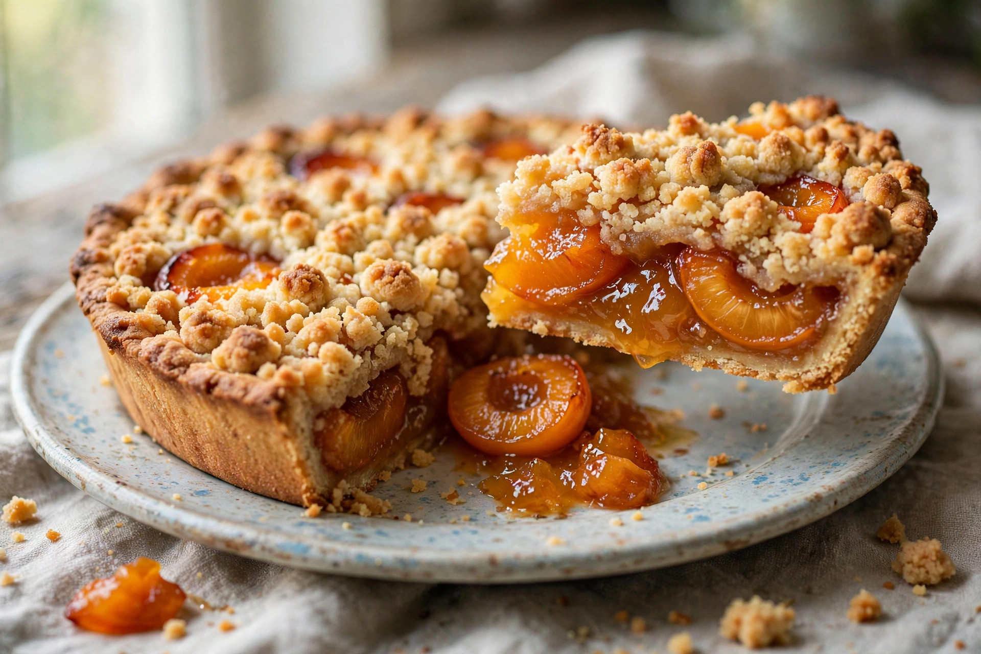 Apricot Crumb Pie — golden crumb topping over apricots
