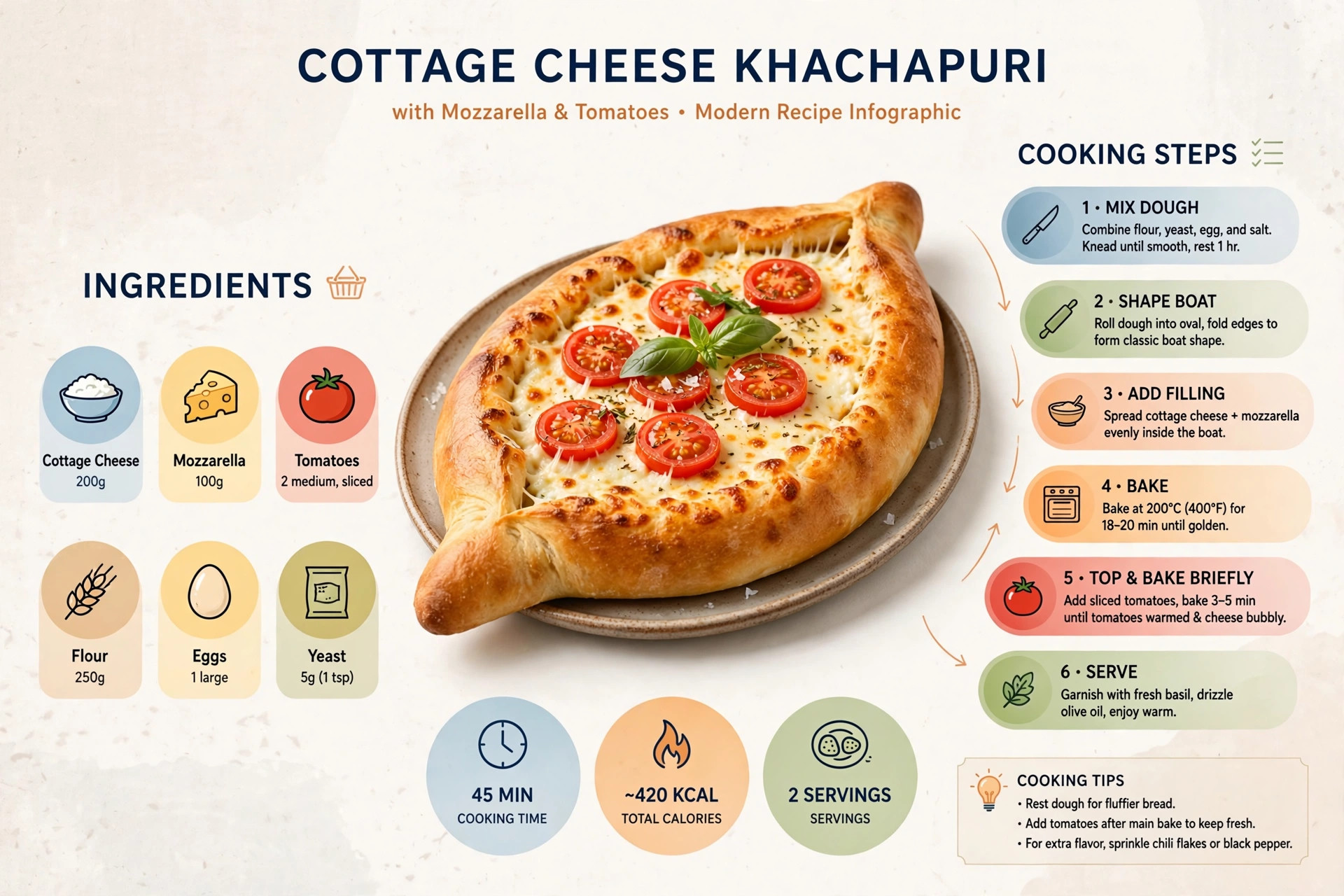 Recipe infographic: Cottage Cheese Khachapuri with Mozzarella and Tomatoes — ingredients and step-by-step visual guide