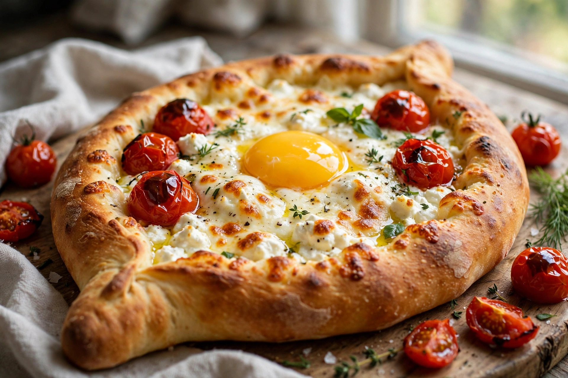 Cottage cheese khachapuri topped with melted mozzarella and cherry tomatoes