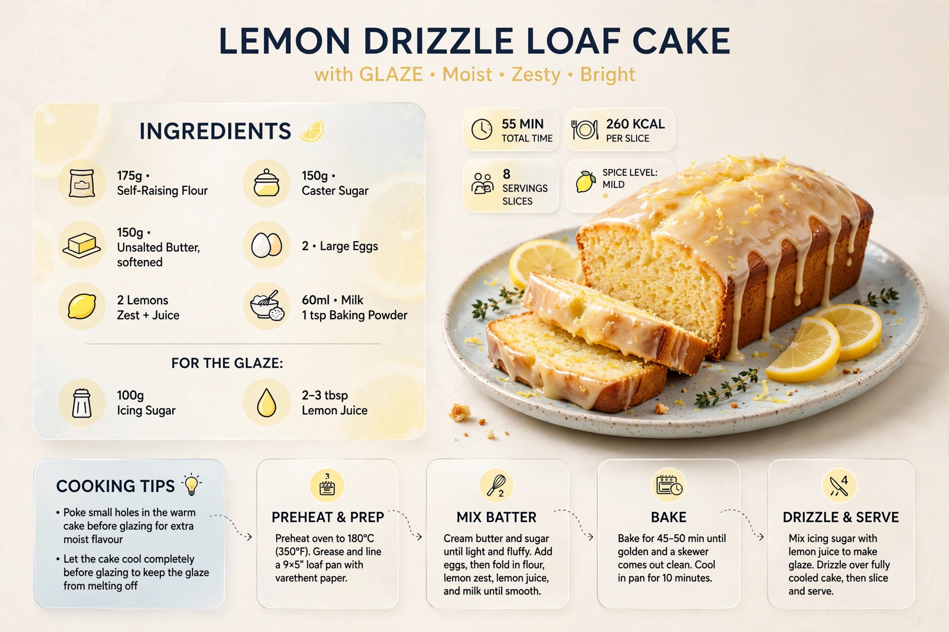 Recipe infographic: Lemon Drizzle Loaf Cake with Glaze — ingredients and step-by-step visual guide