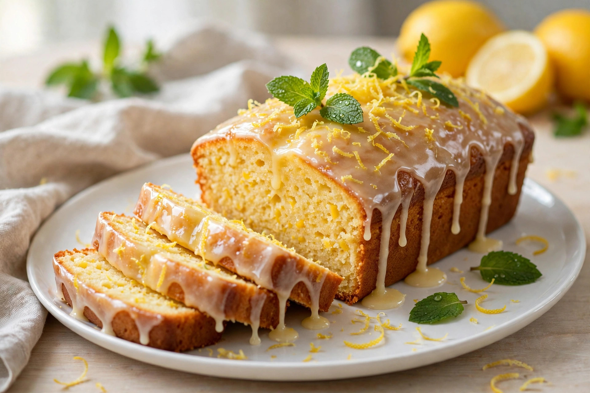Slice of lemon drizzle loaf cake with glossy lemon glaze on a plate
