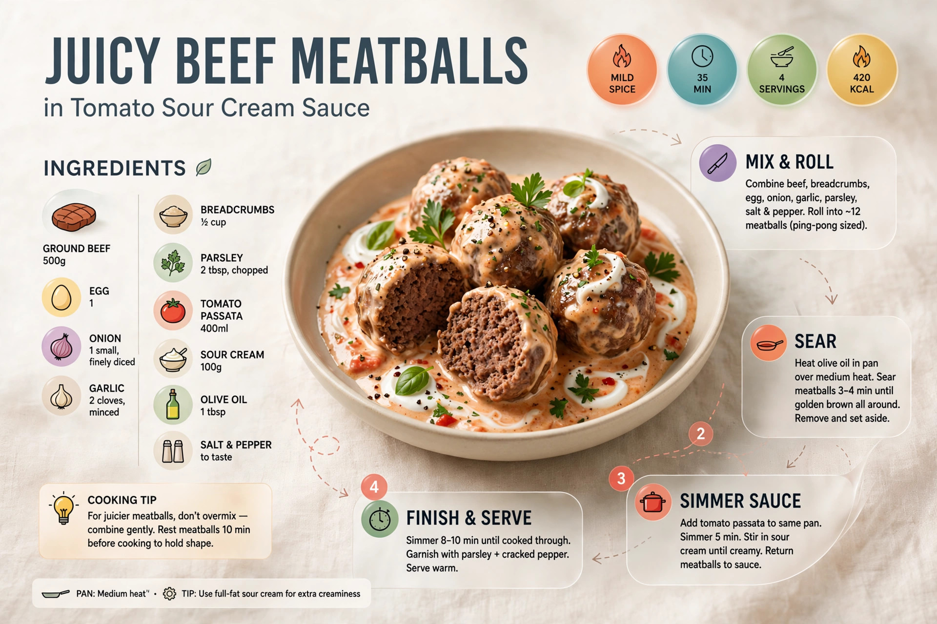 Recipe infographic: Juicy Beef Meatballs in Tomato Sour Cream Sauce — ingredients and step-by-step visual guide