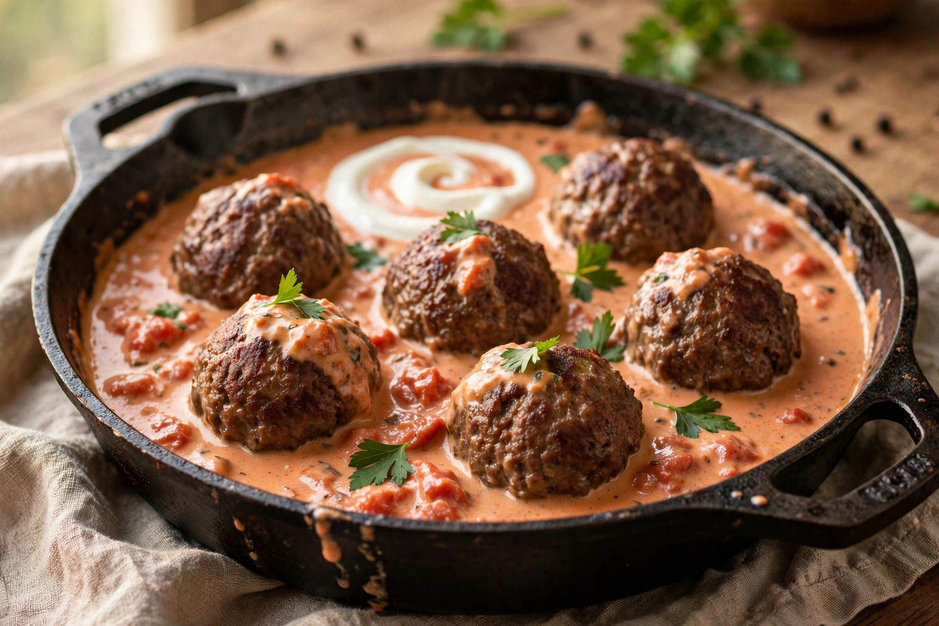 Juicy beef meatballs baked in creamy tomato sour cream sauce in a dish
