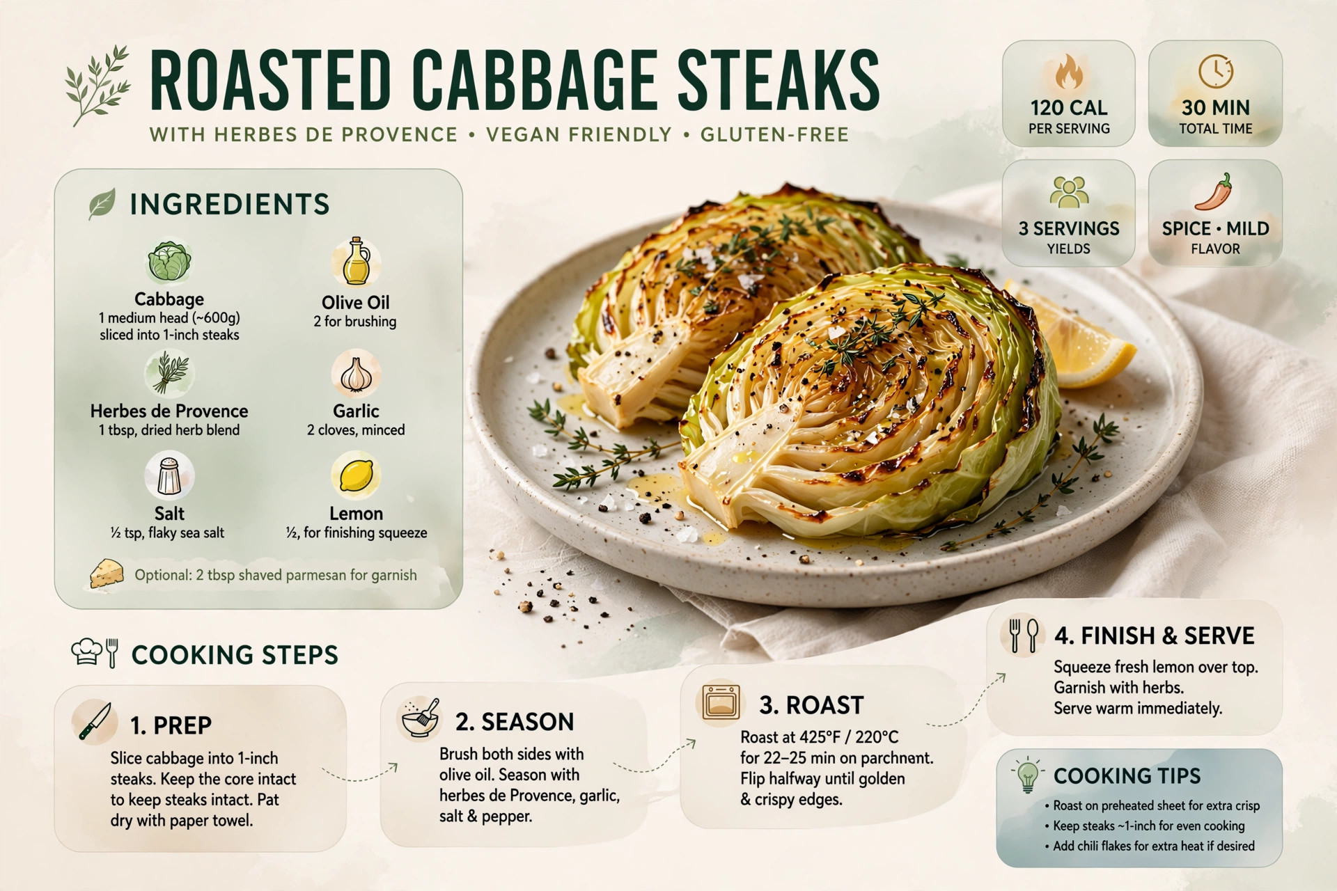 Recipe infographic: Roasted Cabbage Steaks with Herbes de Provence — ingredients and step-by-step visual guide