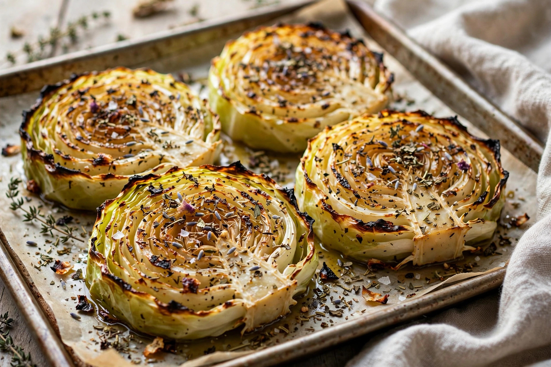 Roasted cabbage steaks with golden caramelized edges and herbs on a baking sheet