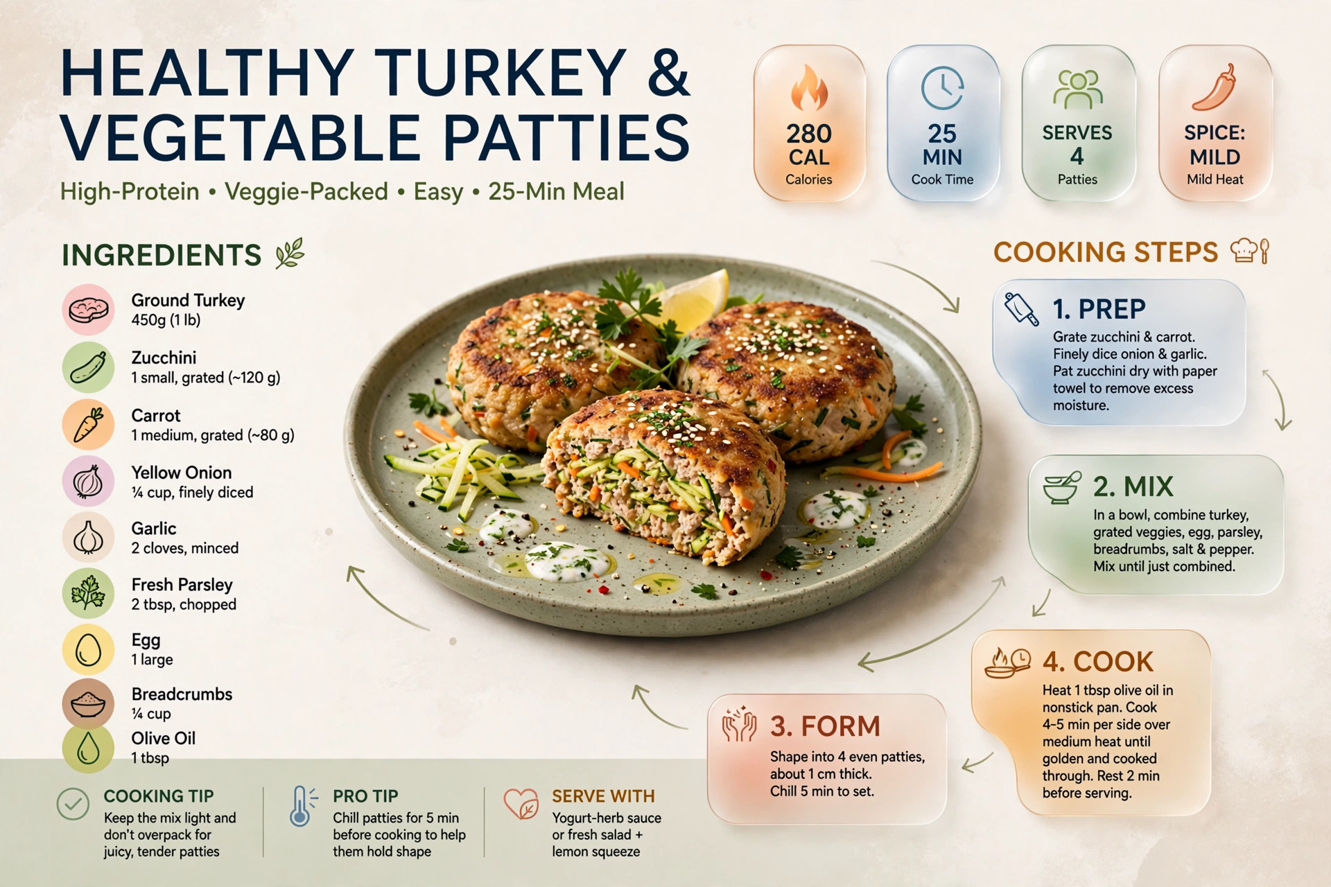 Recipe infographic: Healthy Turkey and Vegetable Patties — ingredients and step-by-step visual guide