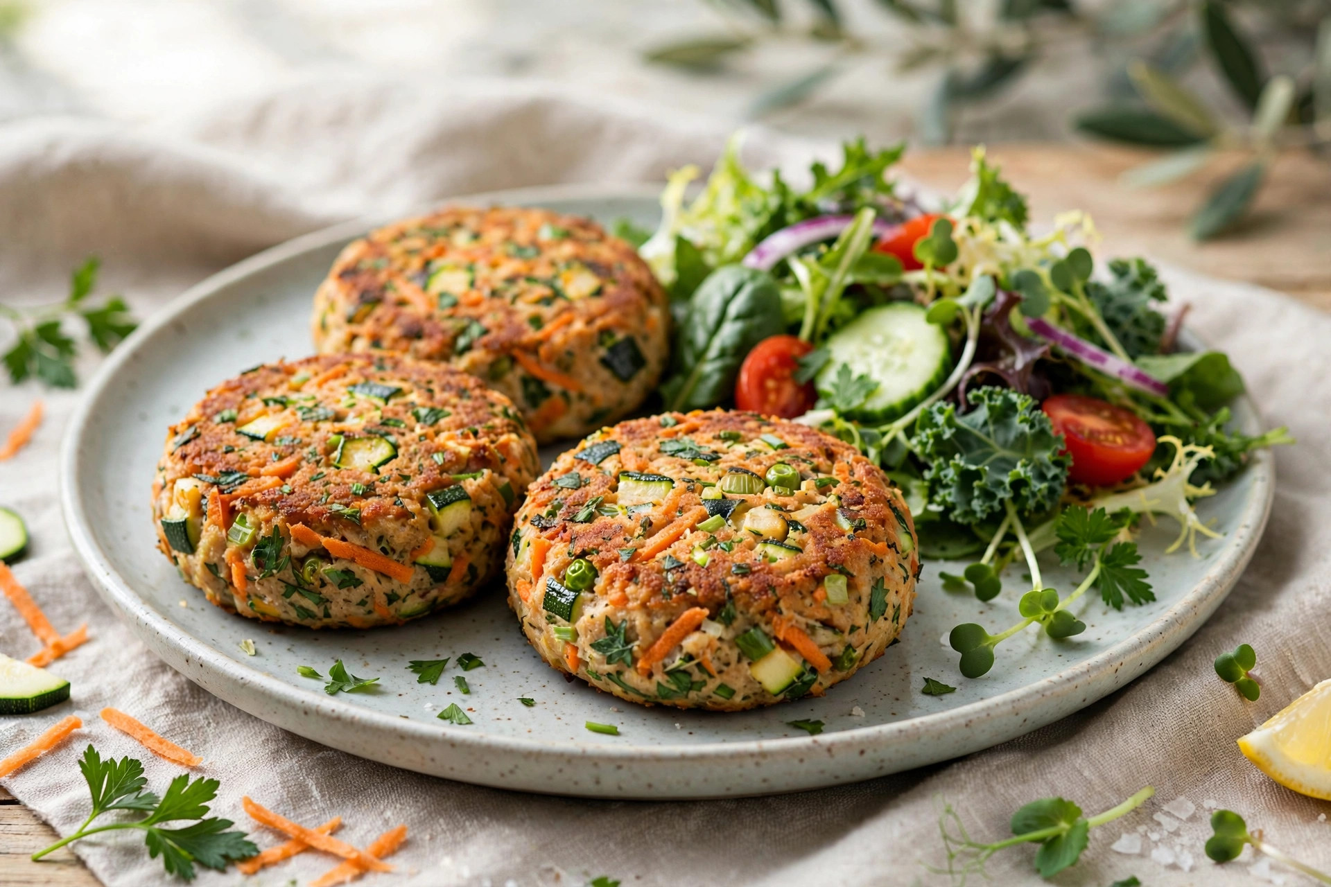 Healthy turkey and vegetable patties with zucchini and carrot served on a plate
