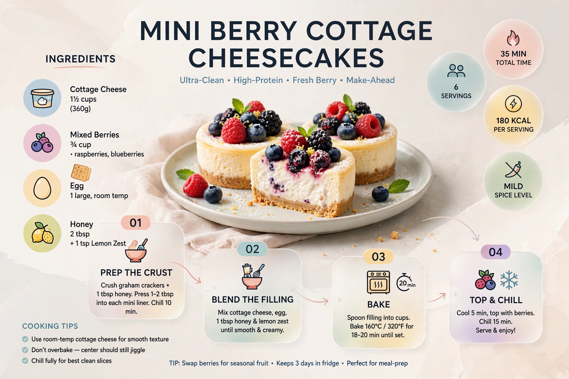 Recipe infographic: Mini Berry Cottage Cheesecakes — ingredients and step-by-step visual guide