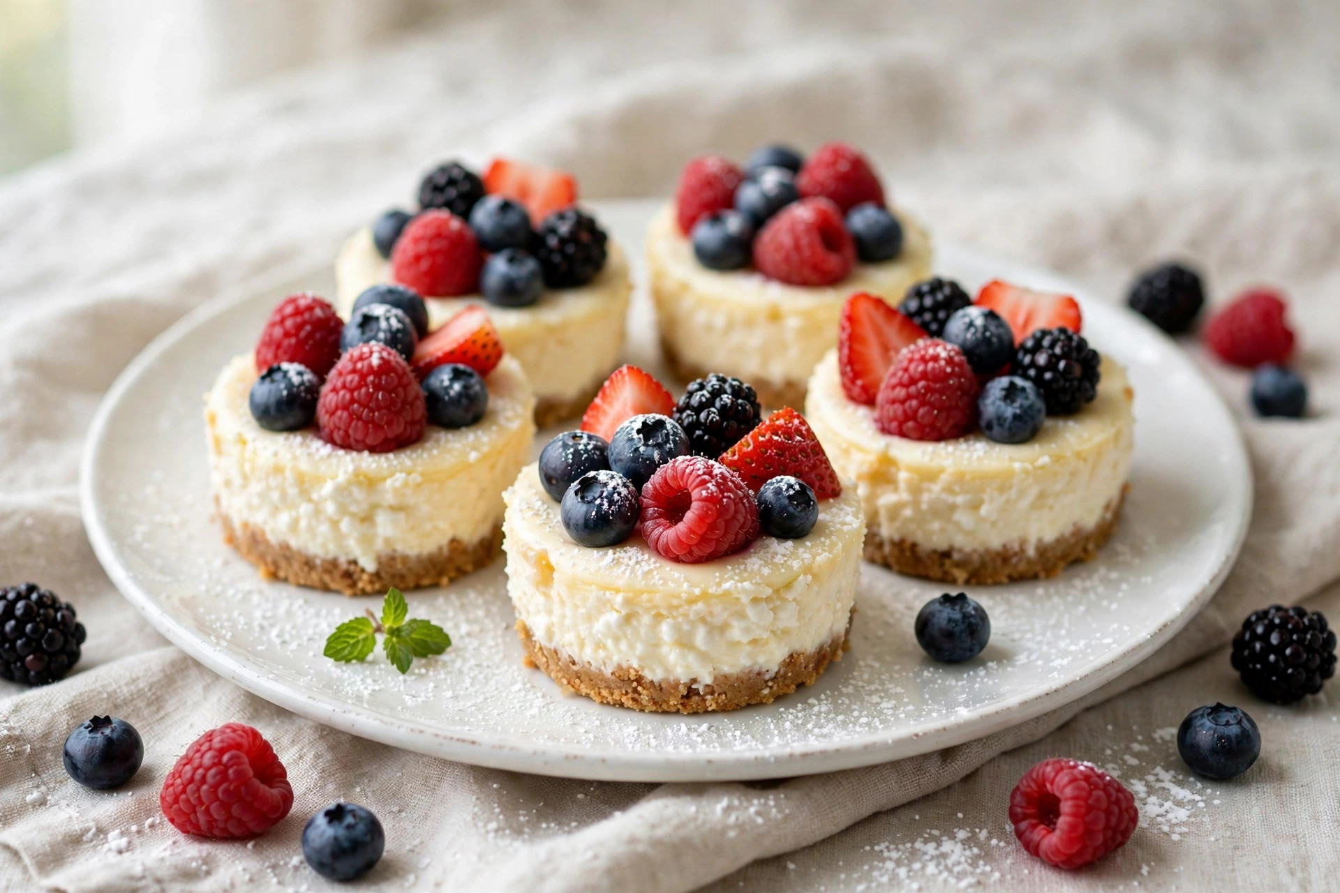 Mini berry cottage cheesecakes topped with fresh berries