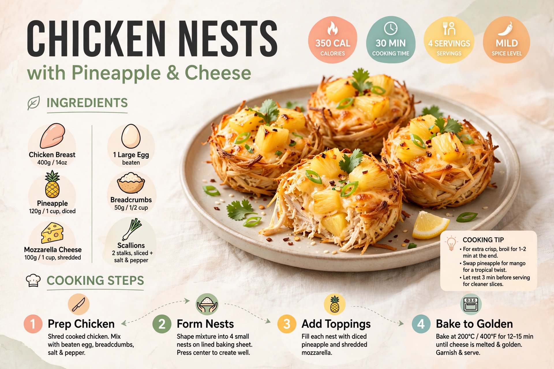 Recipe infographic: Chicken Nests with Pineapple and Cheese — ingredients and step-by-step visual guide