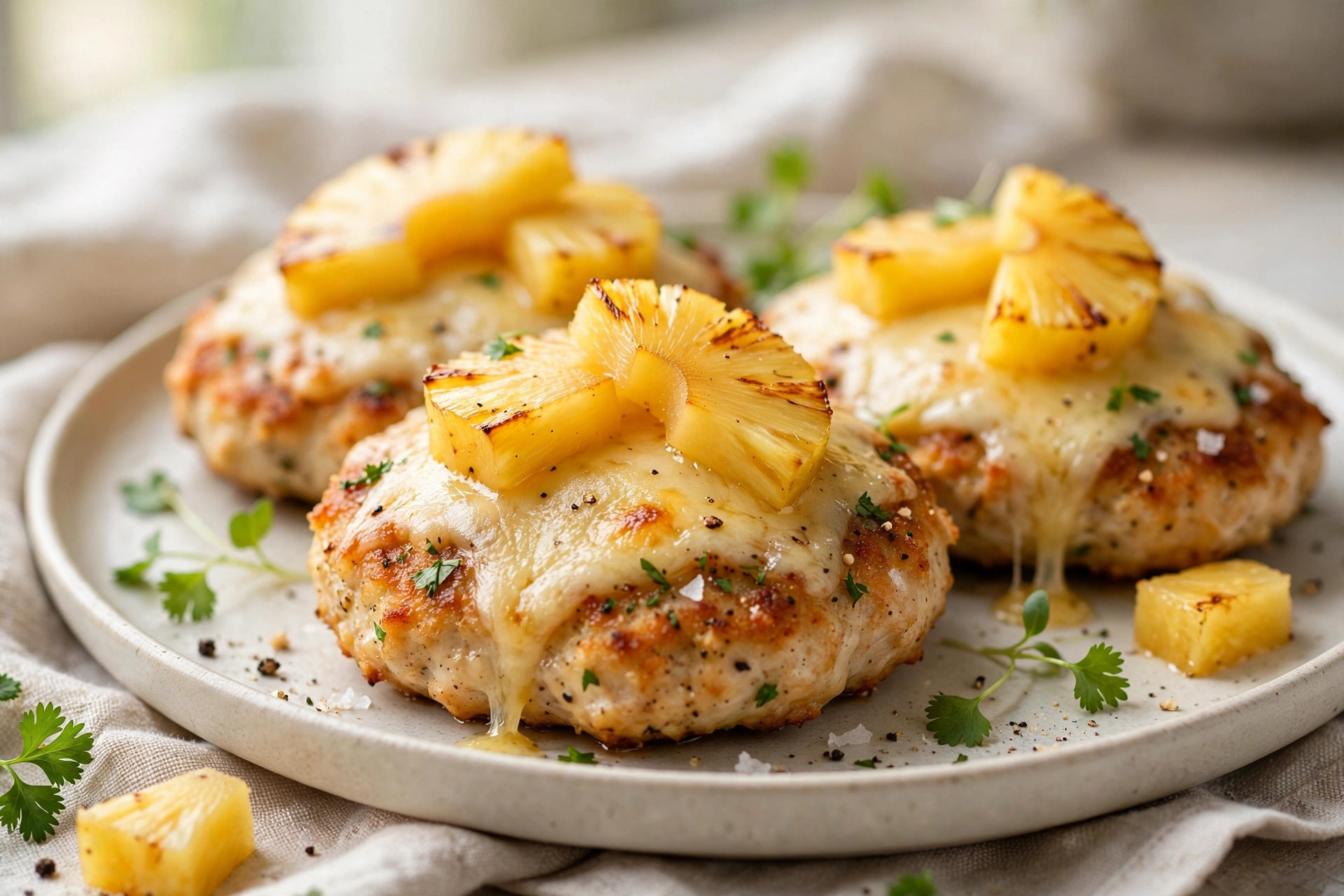 Baked chicken nests with pineapple and melted cheese served on a plate