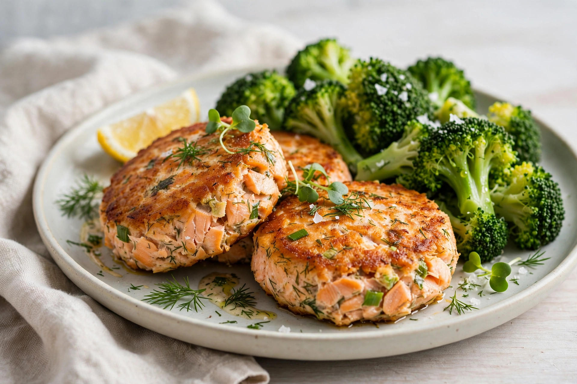 Golden pan-fried salmon patties with broccoli served on a plate