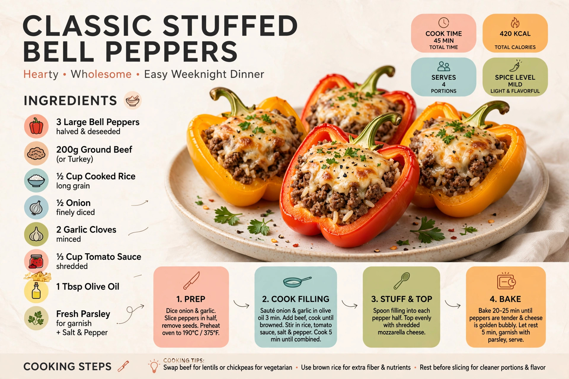 Recipe infographic: Classic Stuffed Bell Peppers — ingredients and step-by-step visual guide