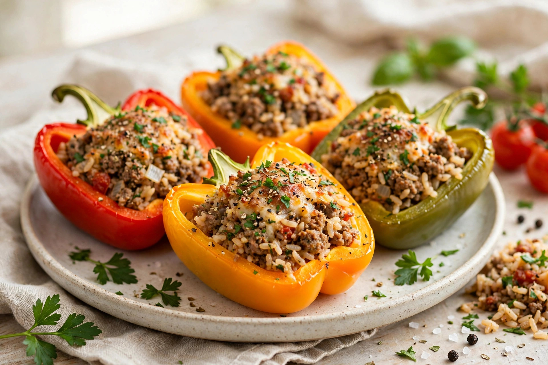 Classic stuffed bell peppers braised in tomato sauce served in a skillet