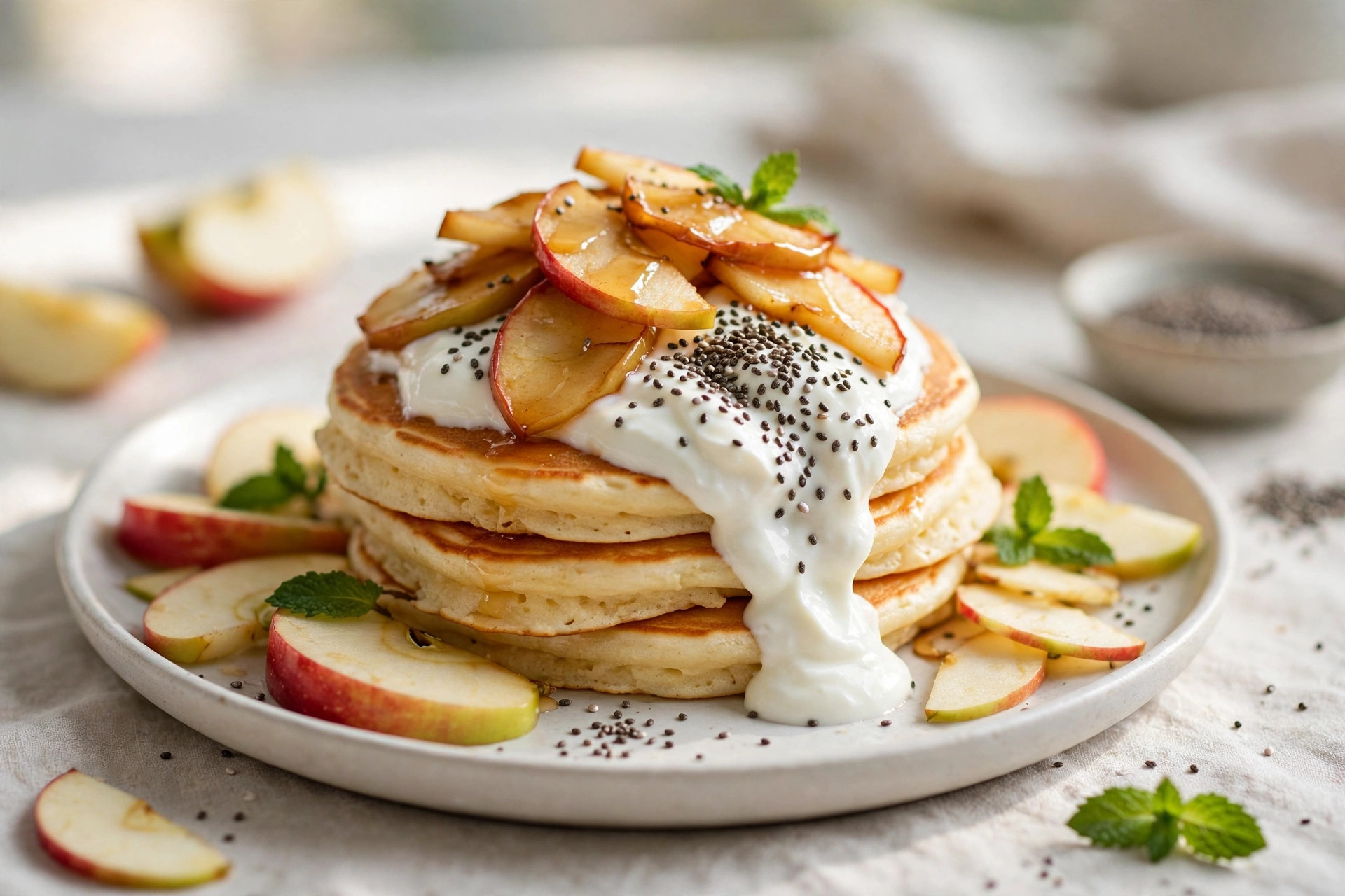 Fluffy apple pancakes topped with yogurt, chia seeds, and fresh berries