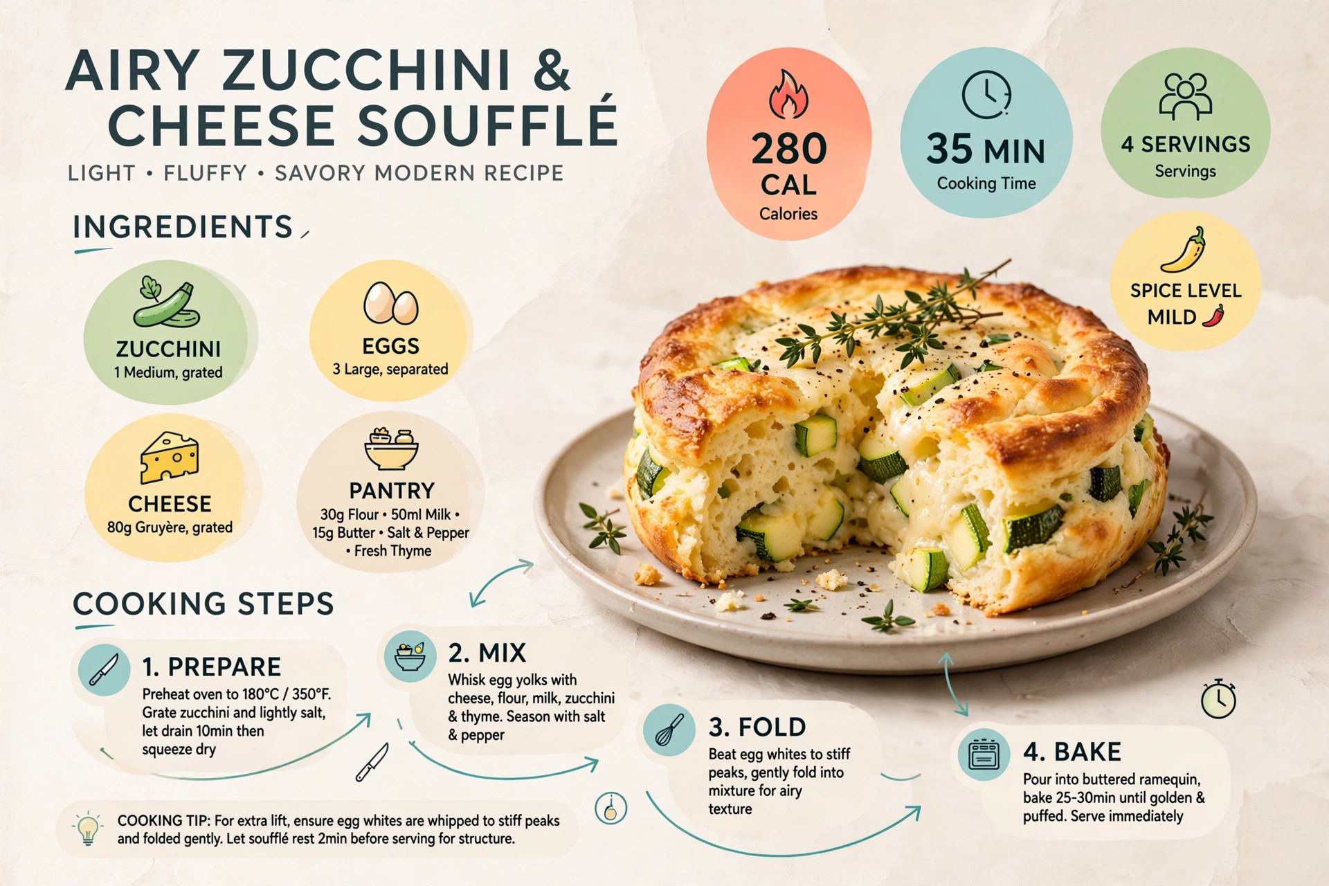 Recipe infographic: Airy Zucchini and Cheese Souffle — ingredients and step-by-step visual guide