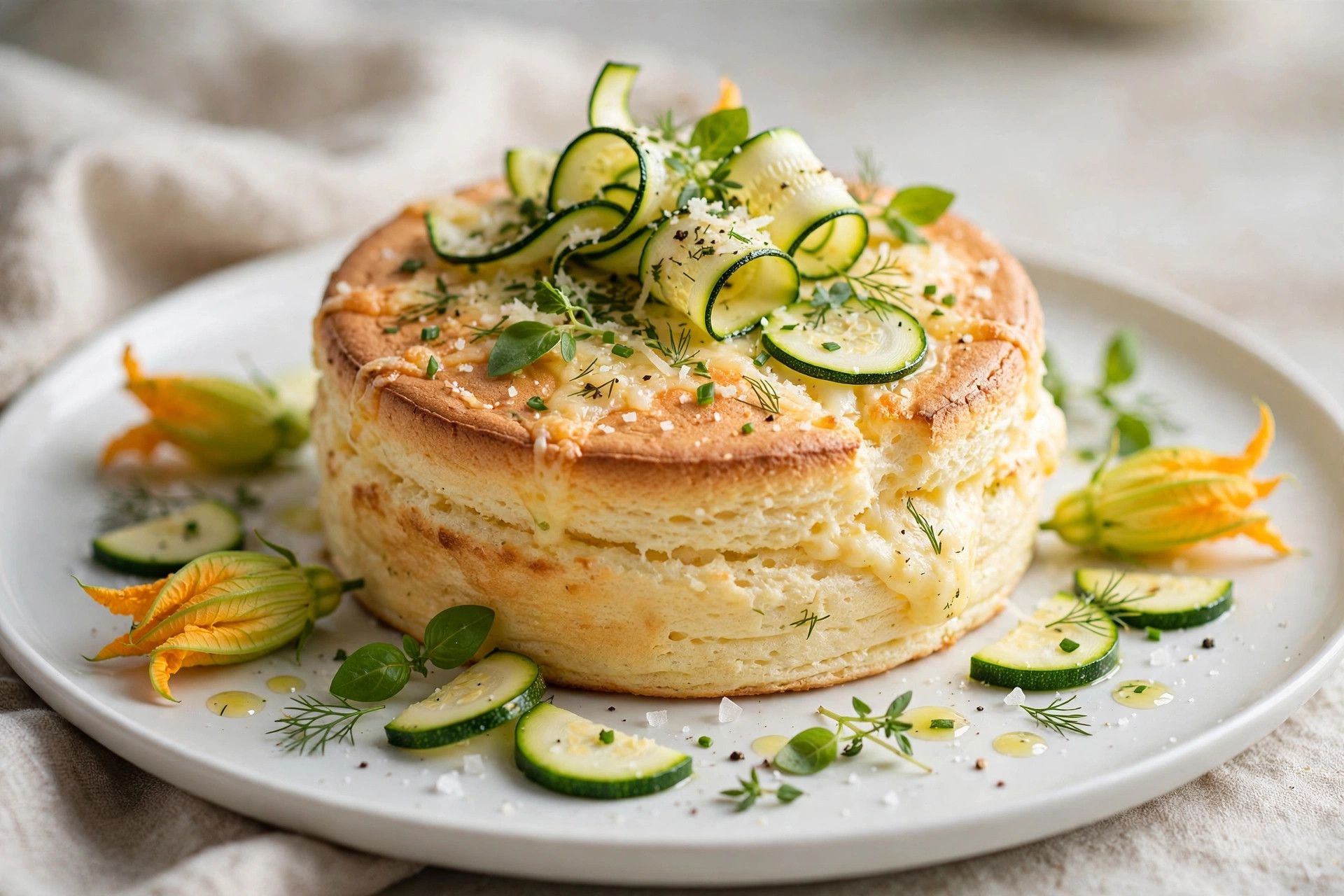 Airy zucchini and cheese souffle baked golden in a dish