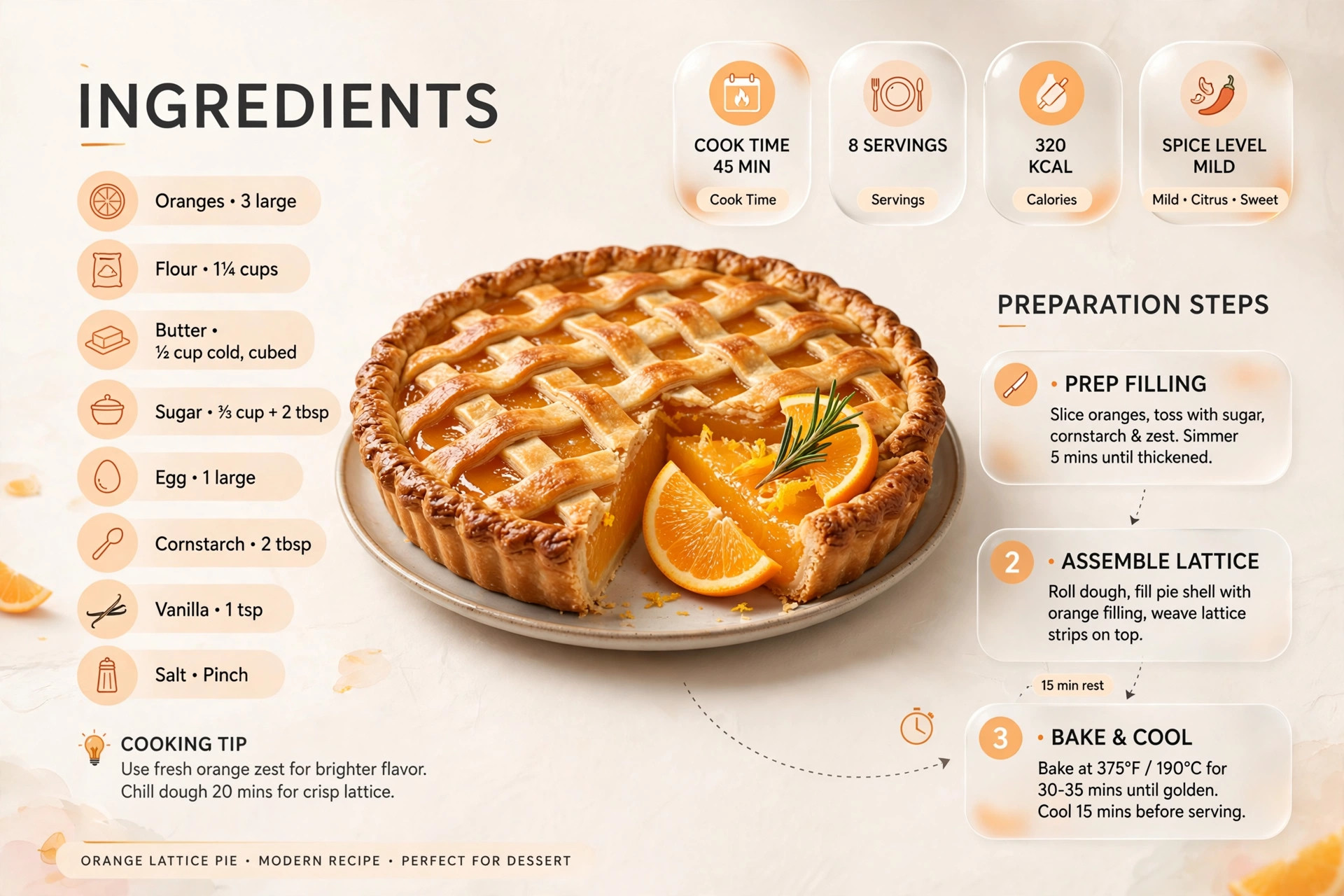 Recipe infographic: Orange Lattice Pie — ingredients and step-by-step visual guide