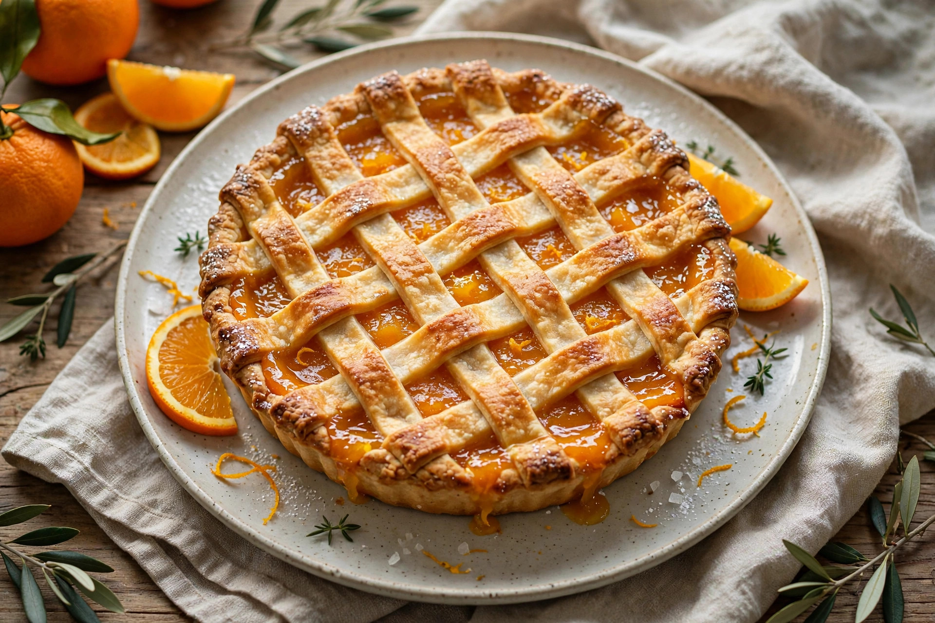 Freshly baked orange lattice pie with a golden woven crust and glossy citrus filling