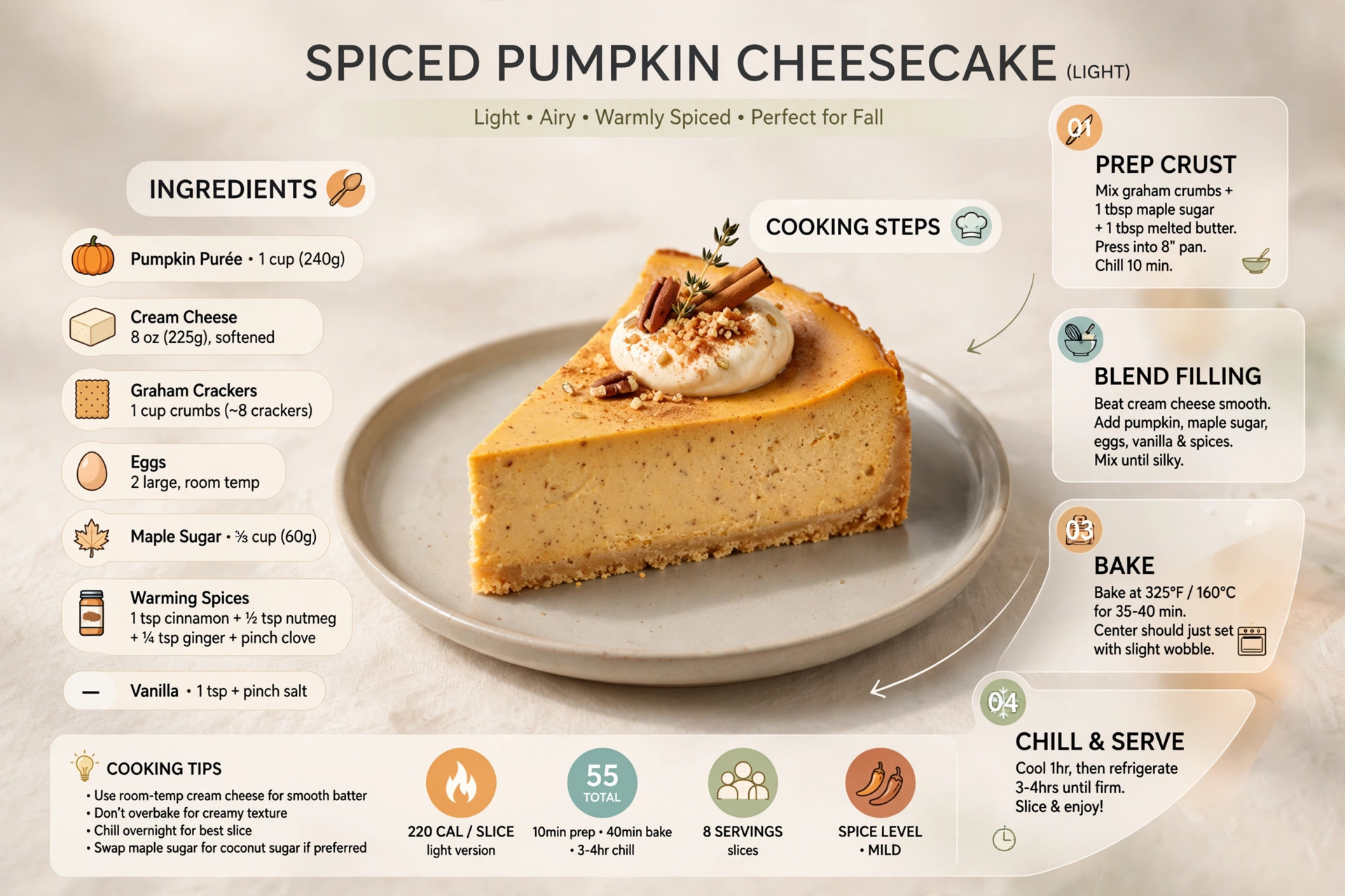 Recipe infographic: Spiced Pumpkin Cheesecake (Light) — ingredients and step-by-step visual guide