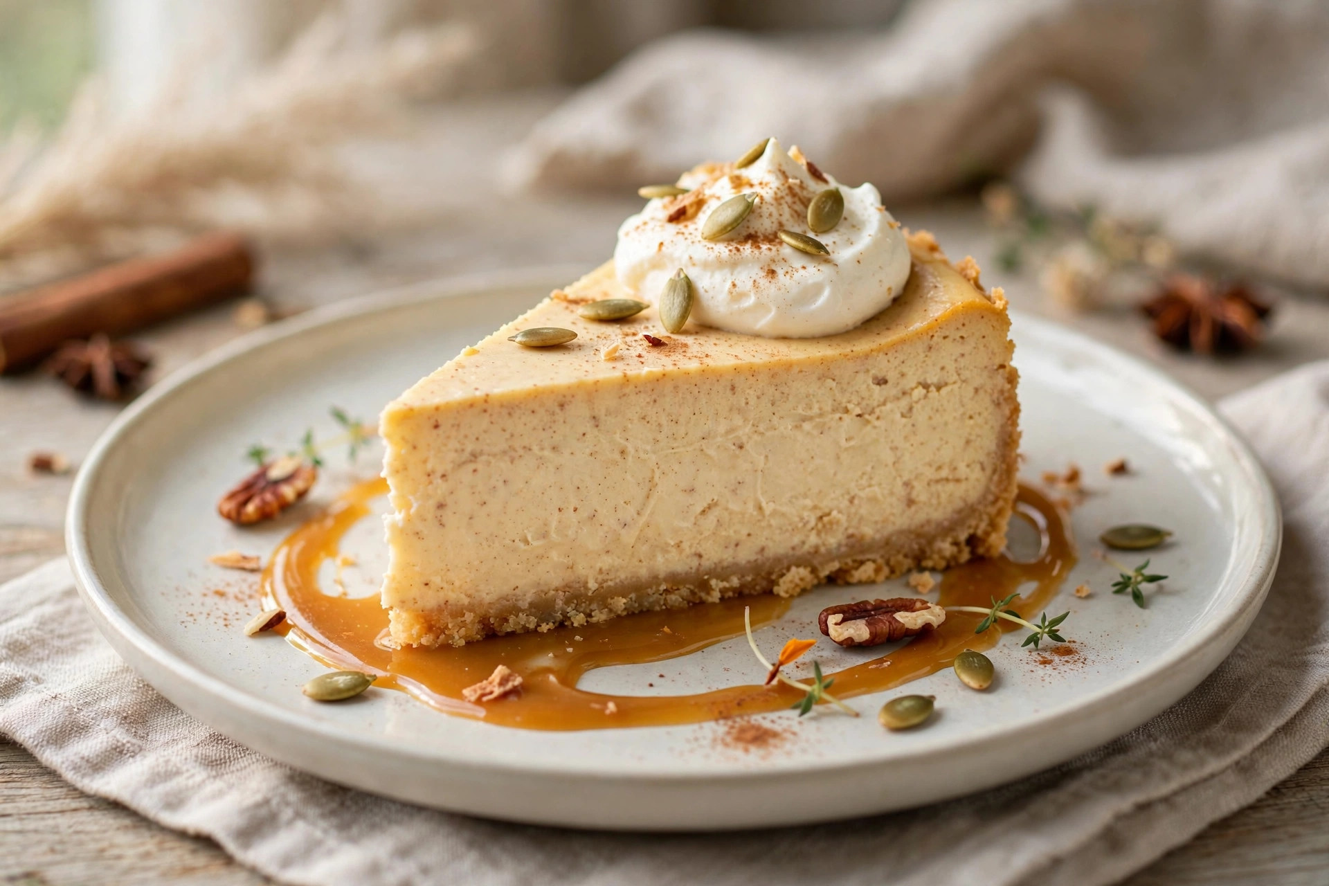 Slice of light spiced pumpkin cheesecake with a creamy texture and a dusting of warm spices