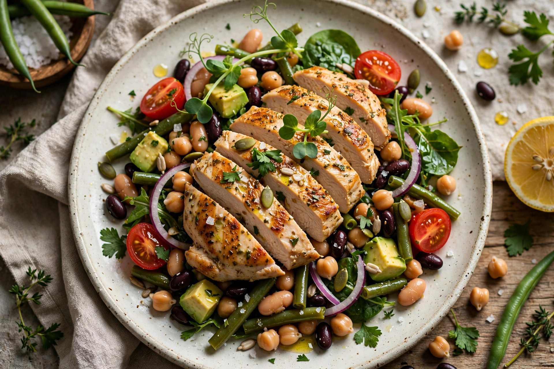 Colorful high-protein chicken and bean salad with lettuce, tomatoes, mushrooms, and a light sour cream dressing