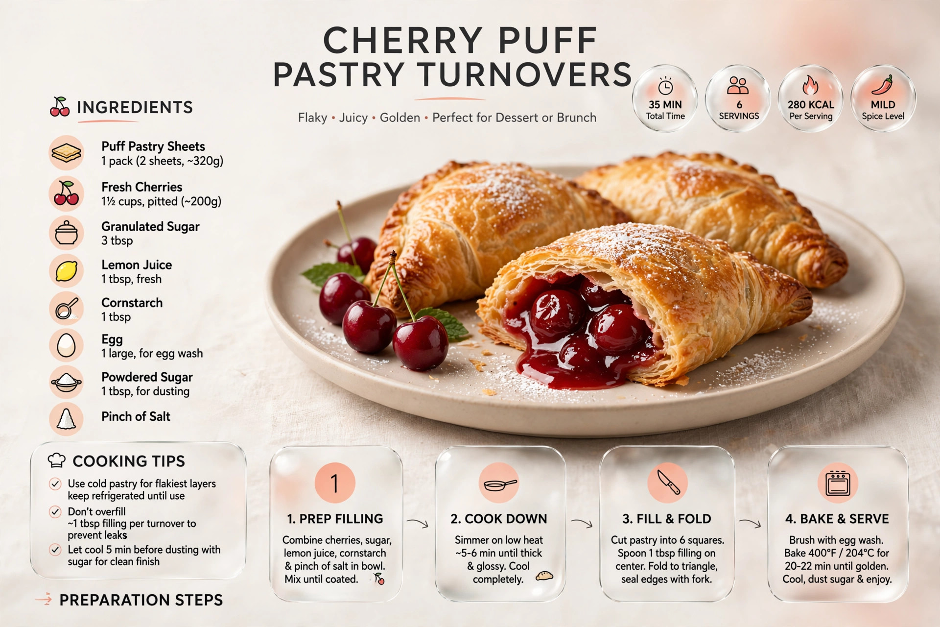 Recipe infographic: Cherry Puff Pastry Turnovers — ingredients and step-by-step visual guide