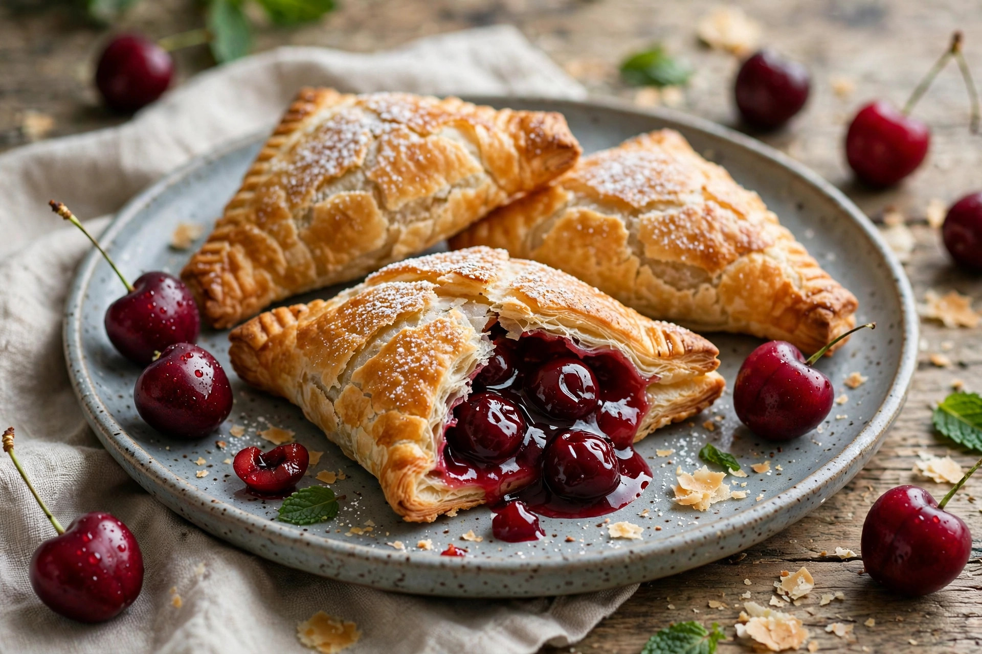 Golden cherry puff pastry turnovers with glossy cherry filling peeking through flaky layers