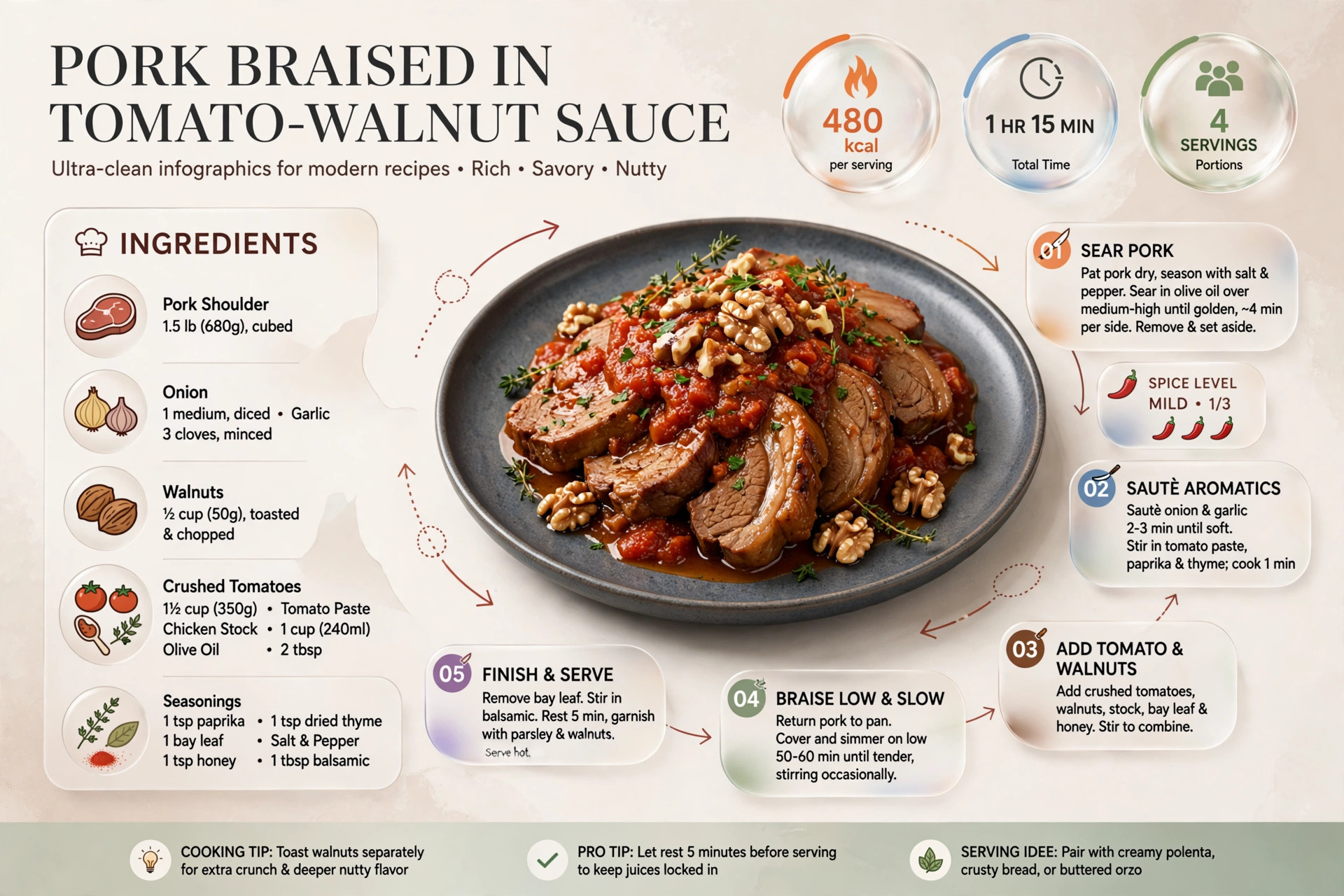Recipe infographic: Pork Braised in Tomato-Walnut Sauce — ingredients and step-by-step visual guide