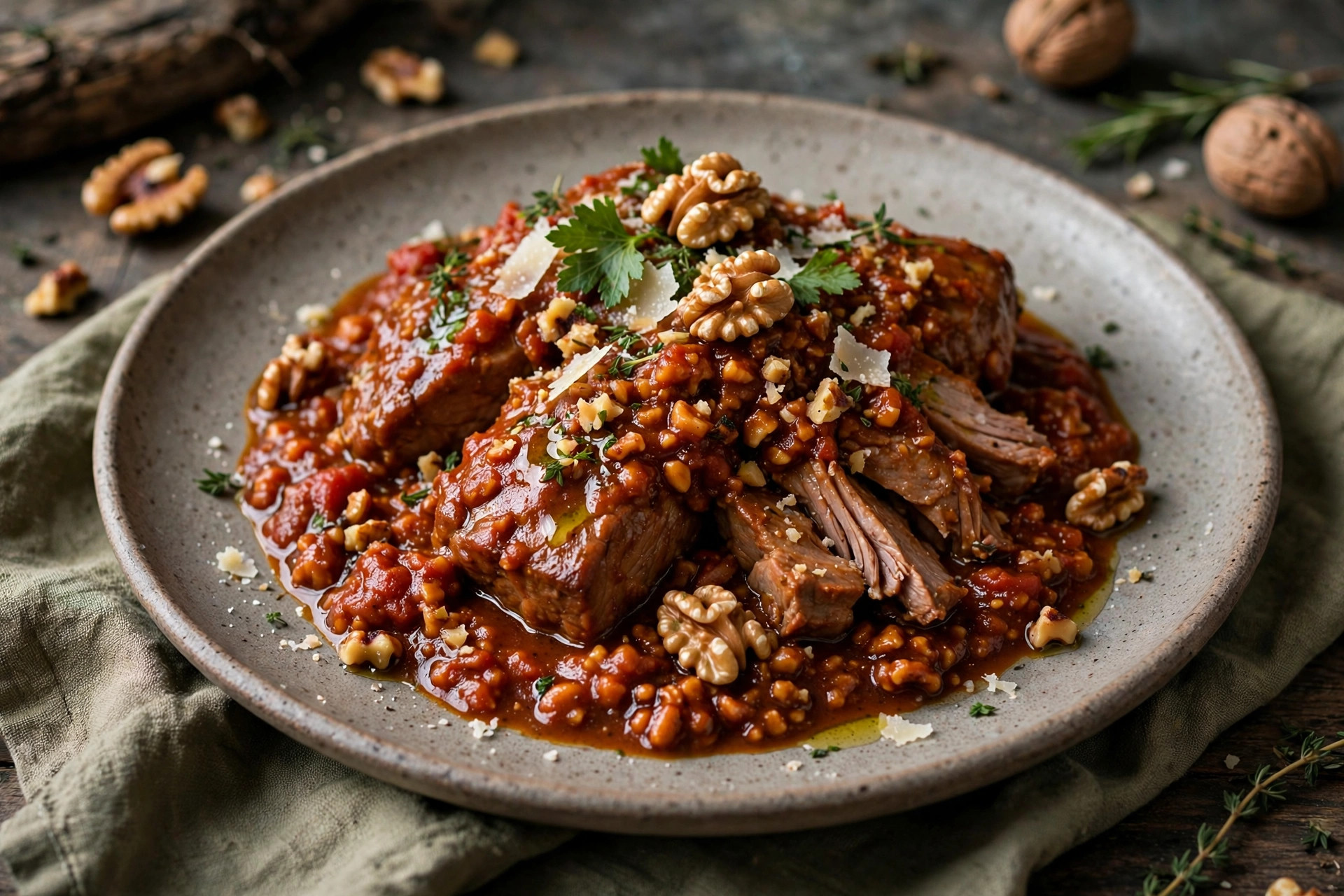 Tender pork pieces braised in a rich tomato-walnut sauce, garnished with fresh herbs