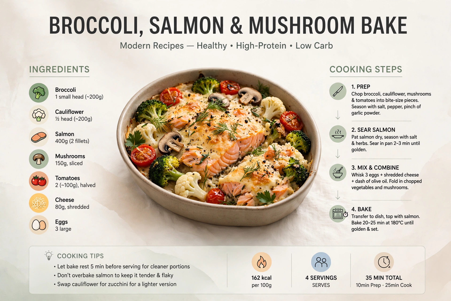 Recipe infographic: Broccoli, Salmon and Mushroom Bake — ingredients and step-by-step visual guide