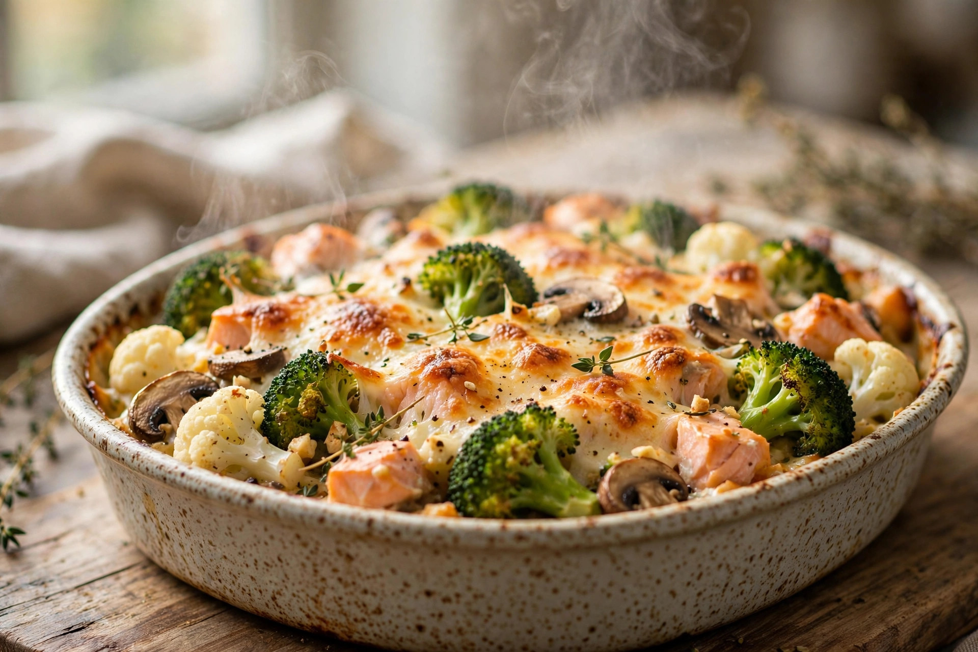 Broccoli, salmon and mushroom bake with a golden cheese crust, served in a baking dish