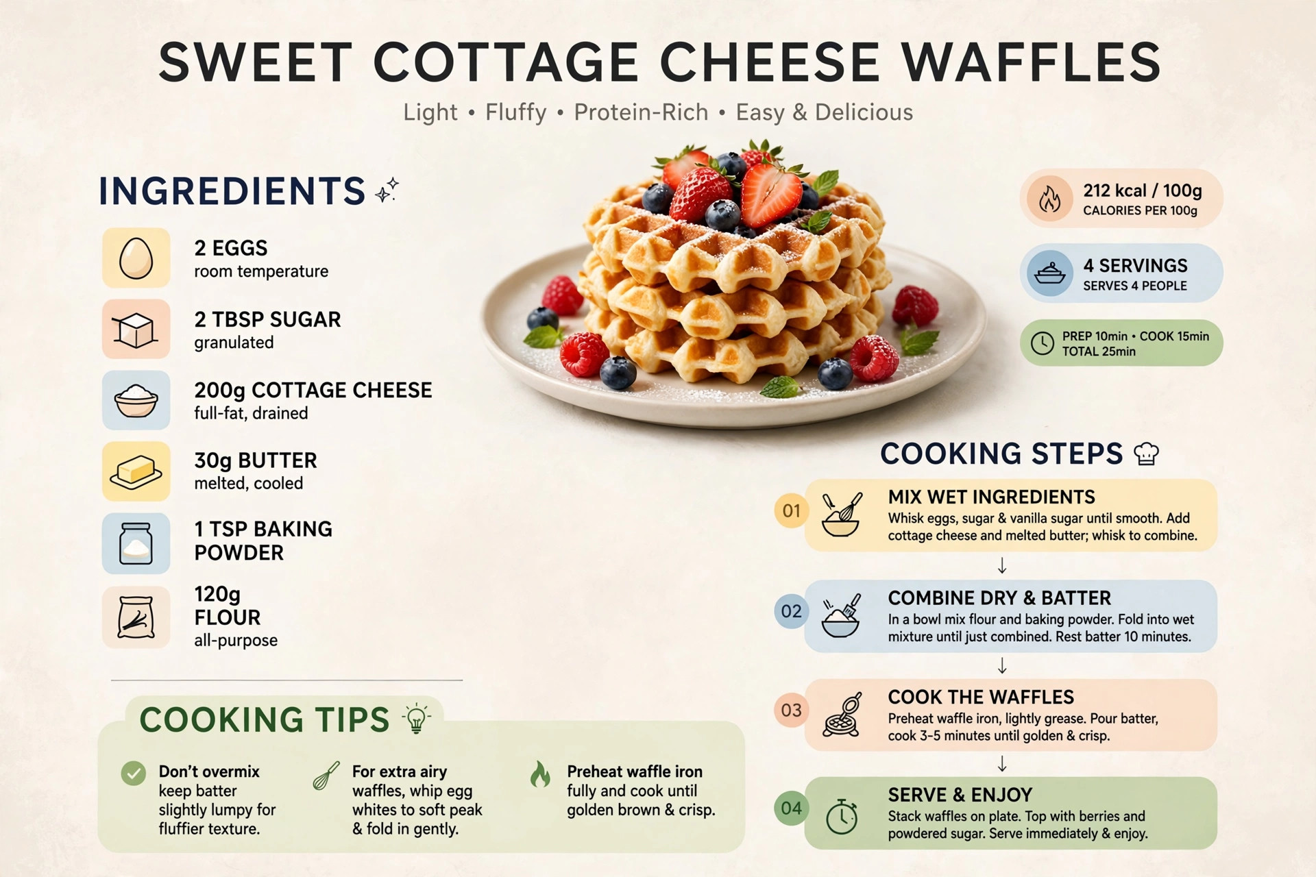 Recipe infographic: Sweet Cottage Cheese Waffles — ingredients and step-by-step visual guide