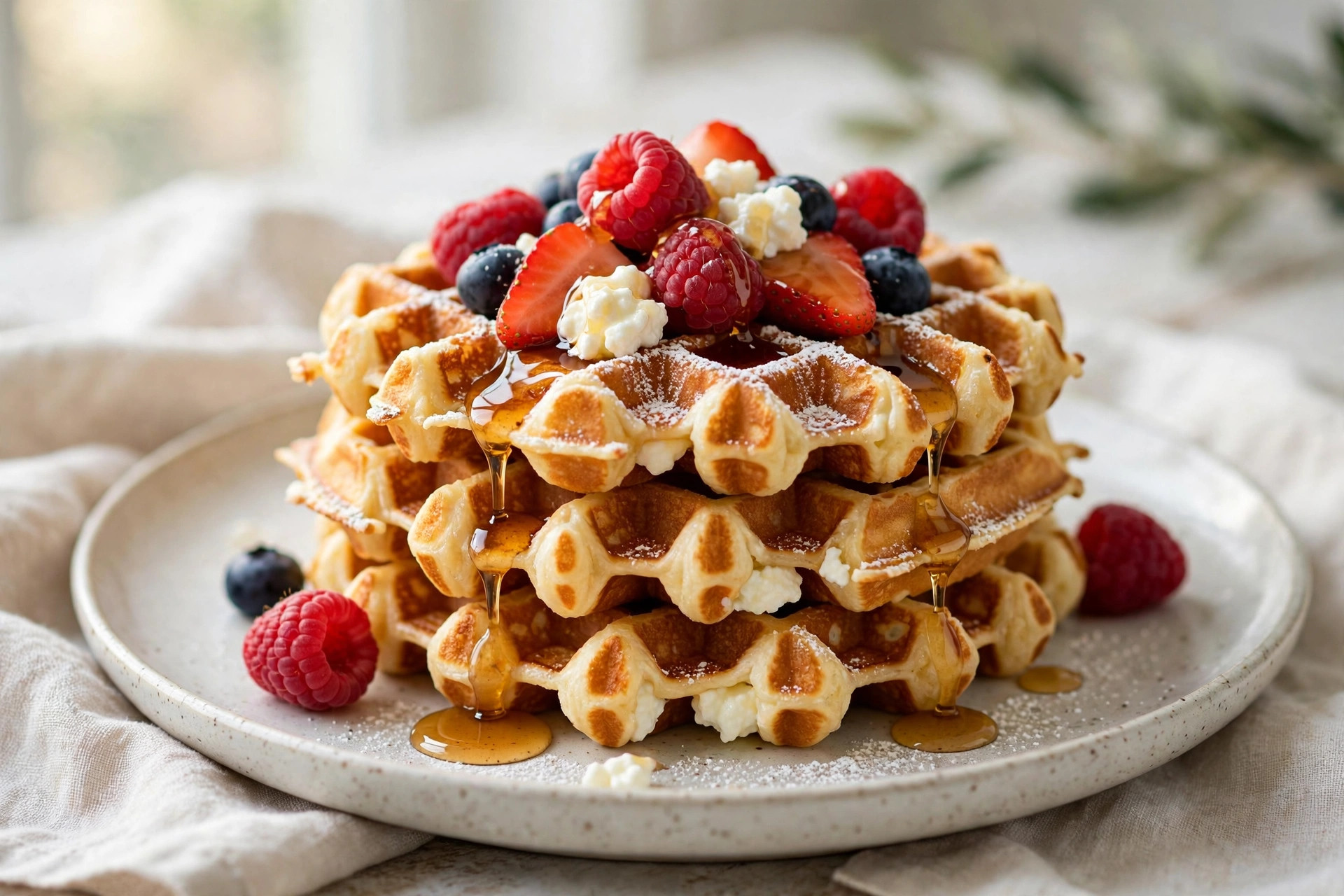 Sweet cottage cheese waffles dusted with powdered sugar and topped with fresh berries