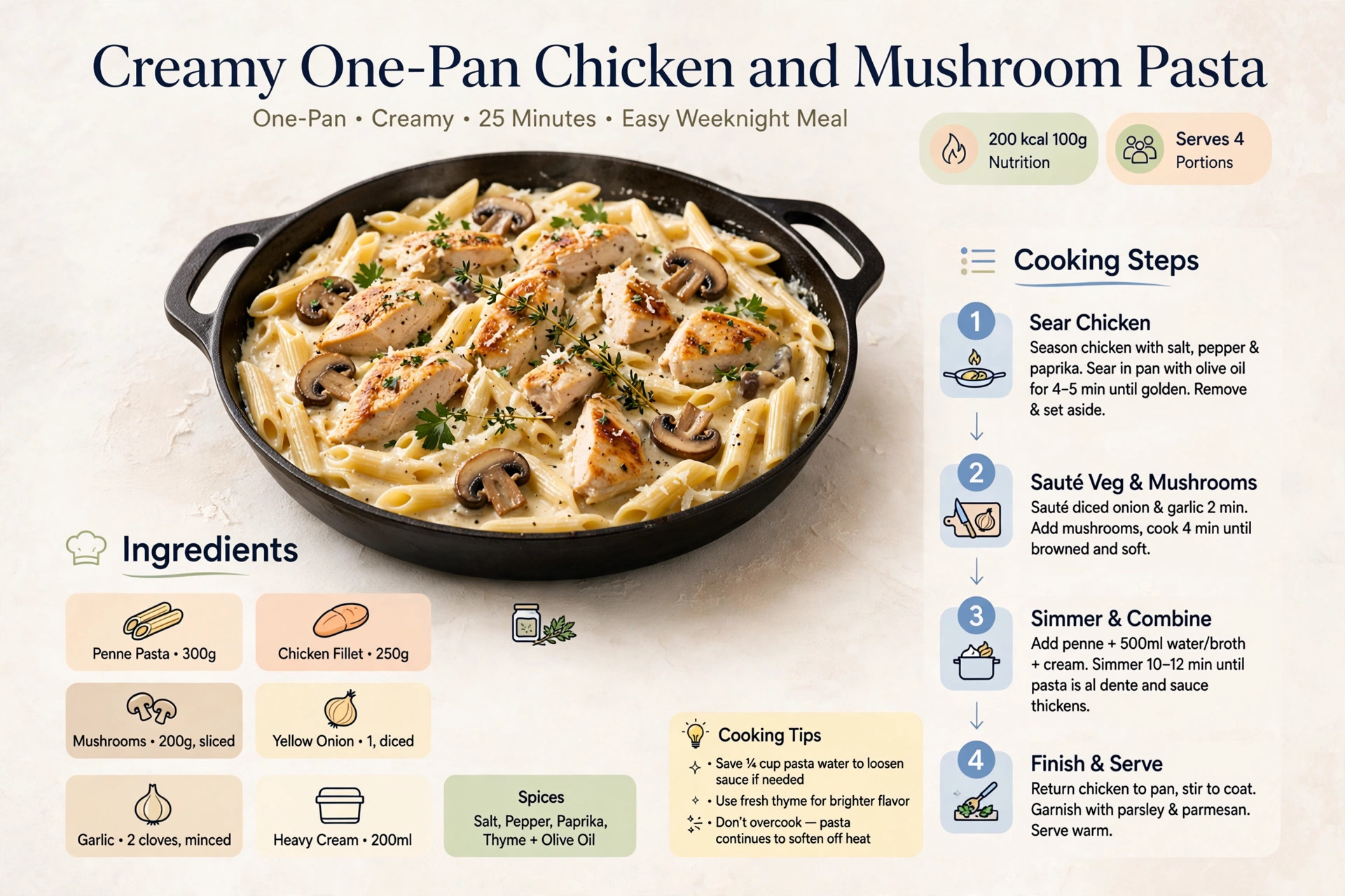 Recipe infographic: Creamy One-Pan Chicken and Mushroom Pasta — ingredients and step-by-step visual guide