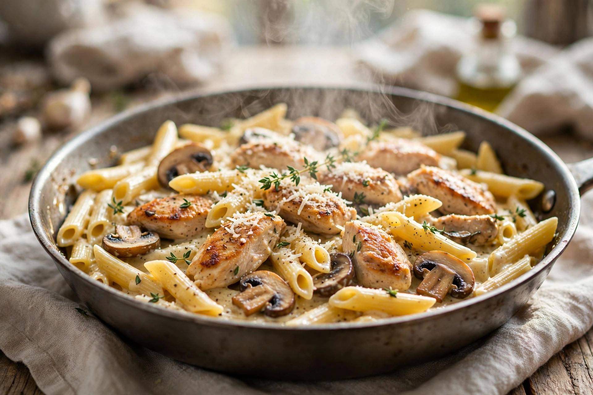 Creamy one-pan chicken and mushroom pasta with spinach and parmesan in a skillet