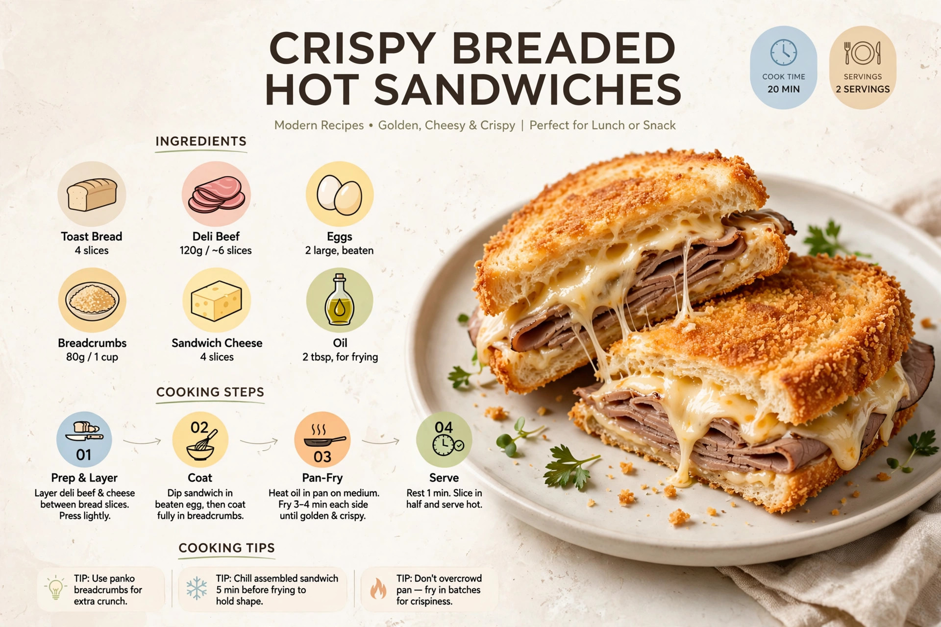 Recipe infographic: Crispy Breaded Hot Sandwiches — ingredients and step-by-step visual guide