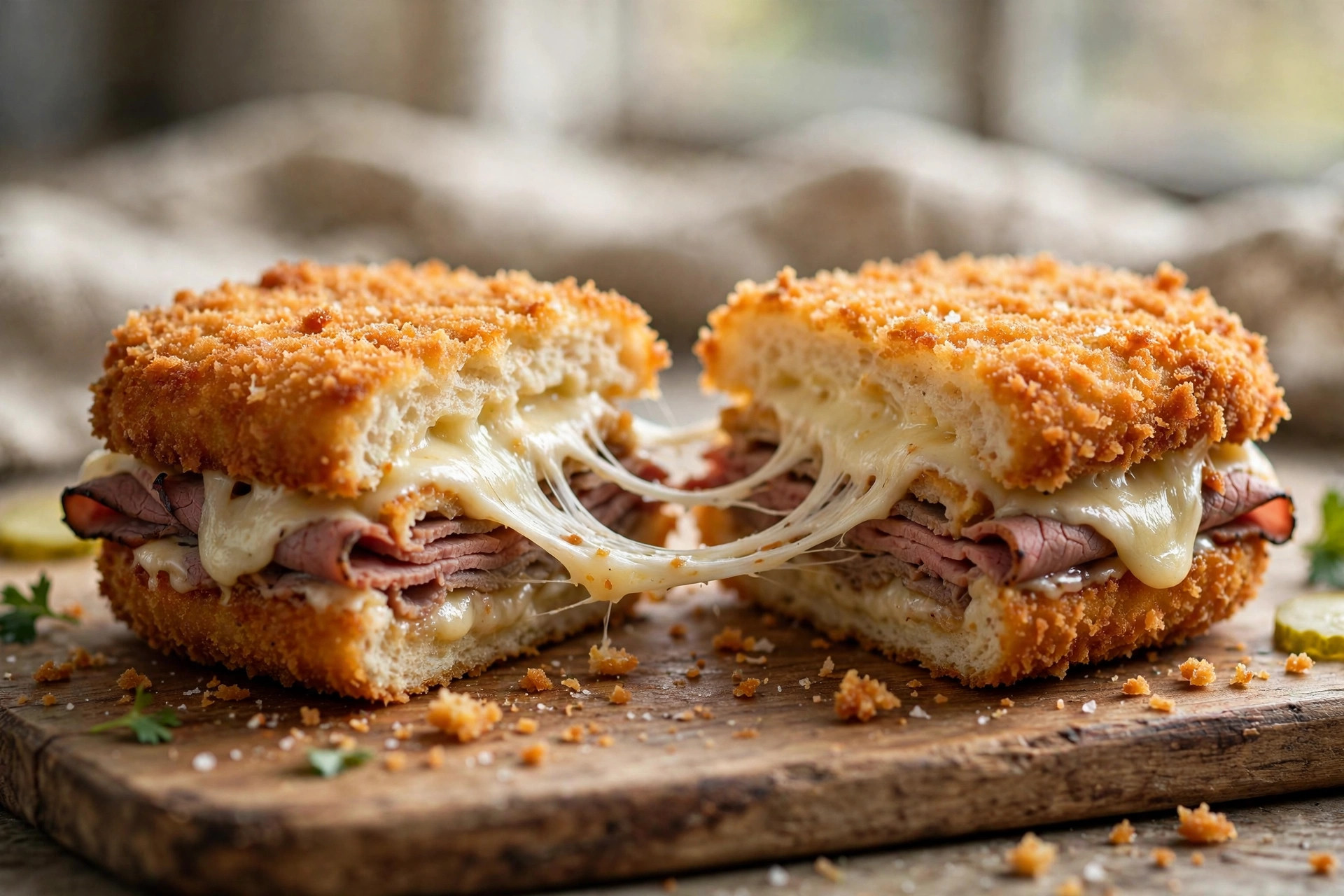 Crispy breaded hot sandwiches with melted cheese, cut in half and stacked