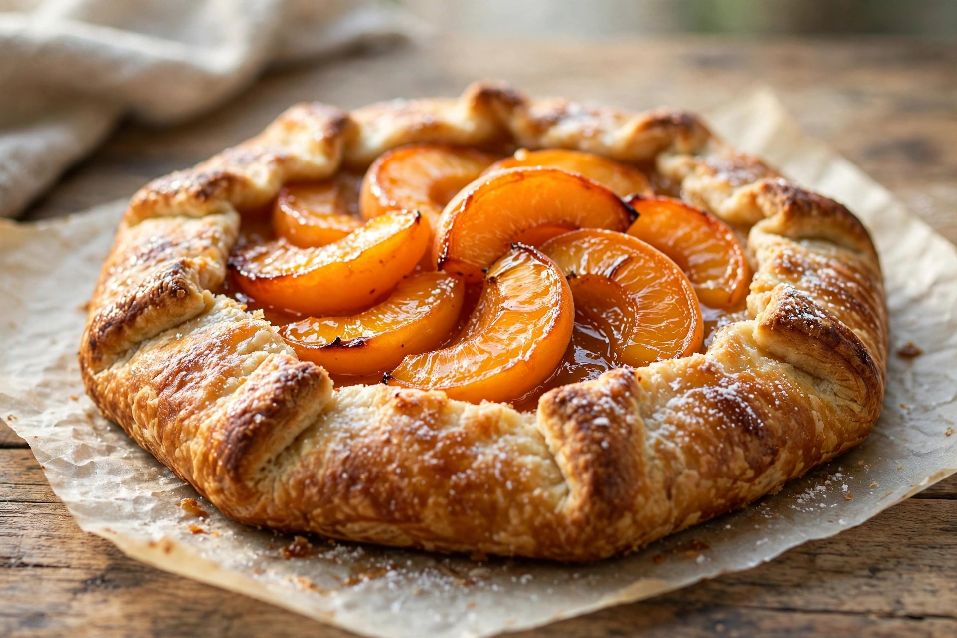 Rustic apricot galette with folded golden crust, dusted with powdered sugar