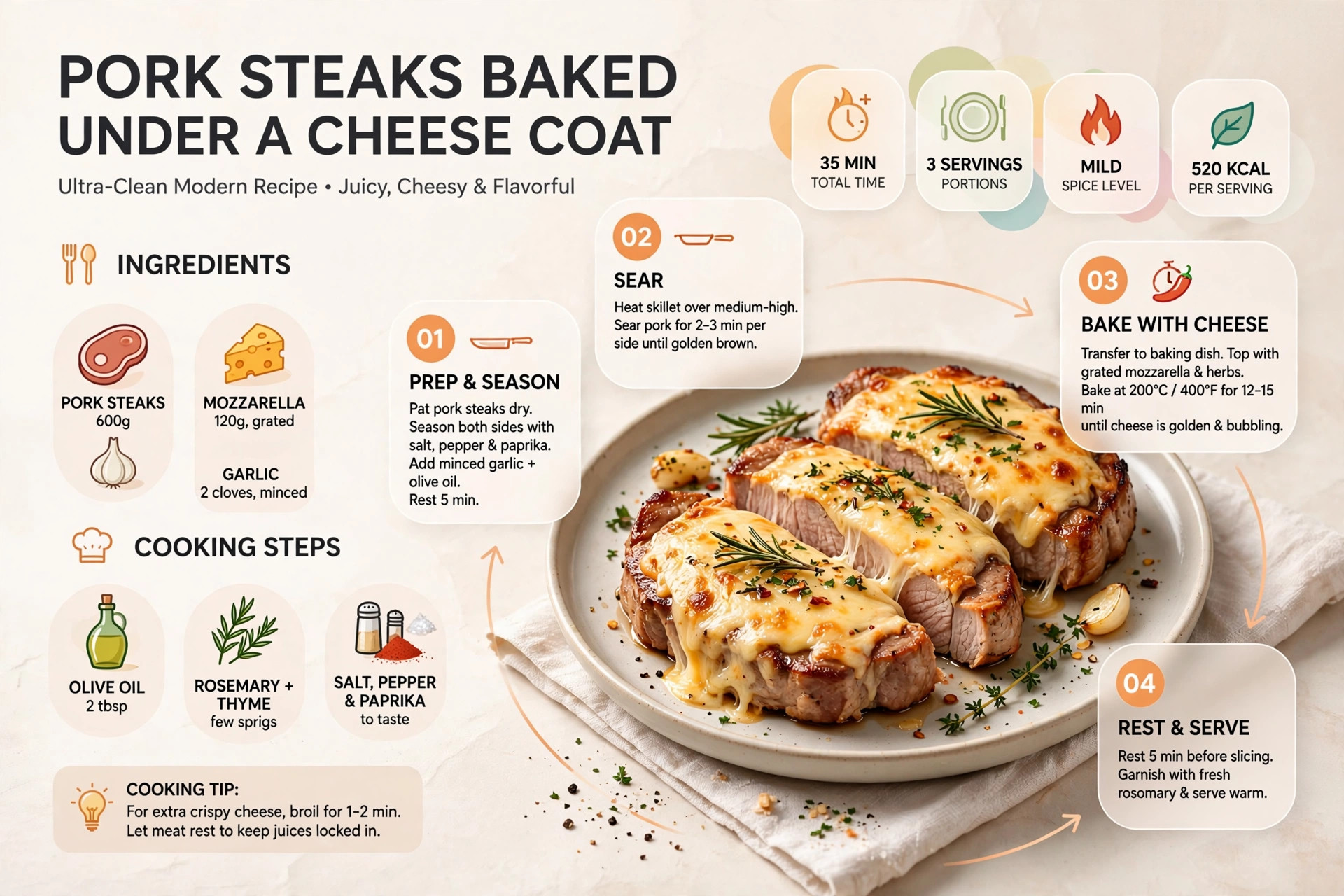 Recipe infographic: Pork Steaks Baked Under a Cheese Coat — ingredients and step-by-step visual guide