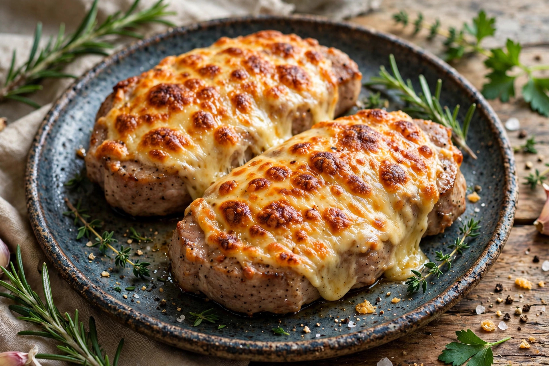 Juicy pork steaks baked under a golden bubbly cheese coat with onion and pickled cucumber