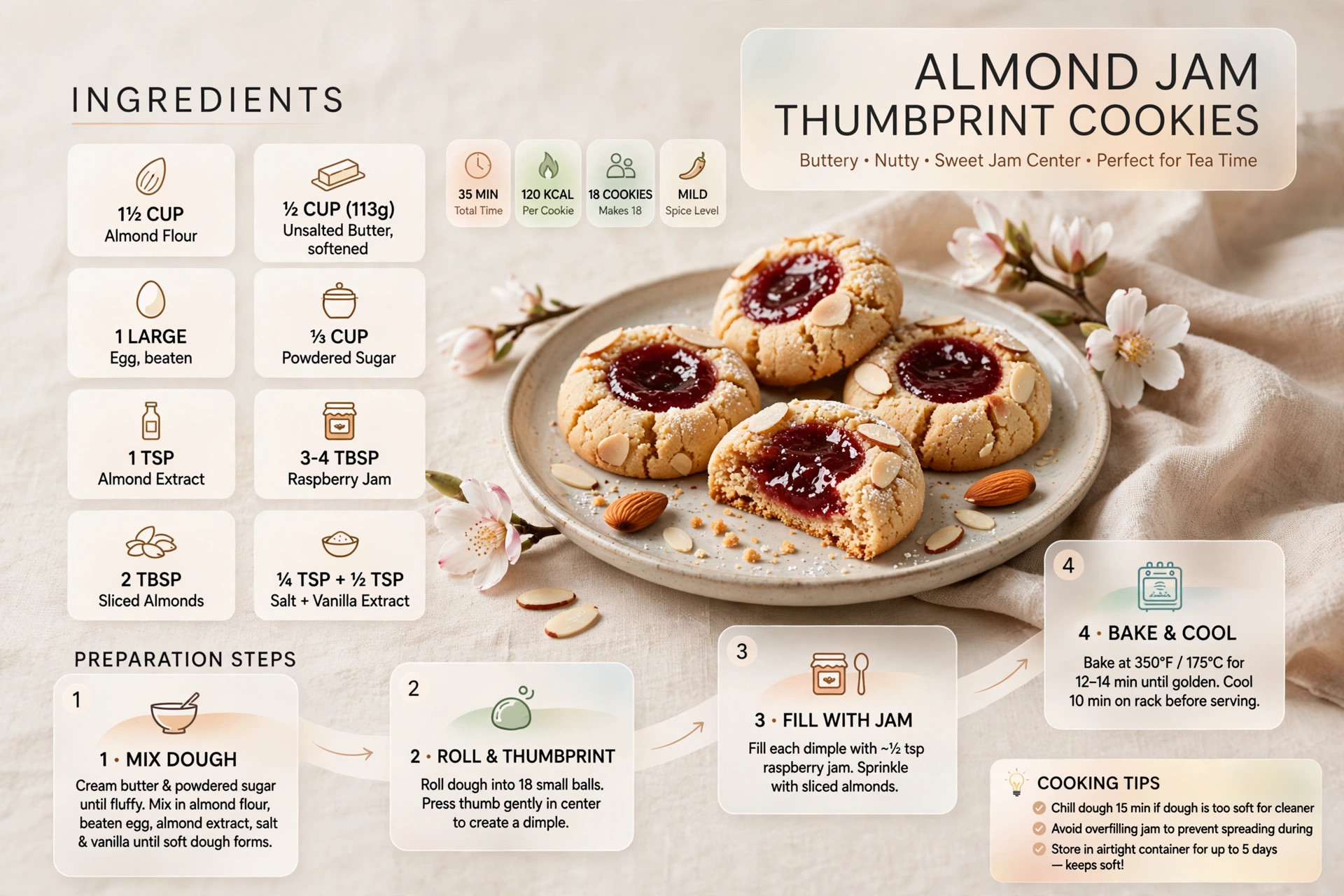 Recipe infographic: Almond Jam Thumbprint Cookies — ingredients and step-by-step visual guide