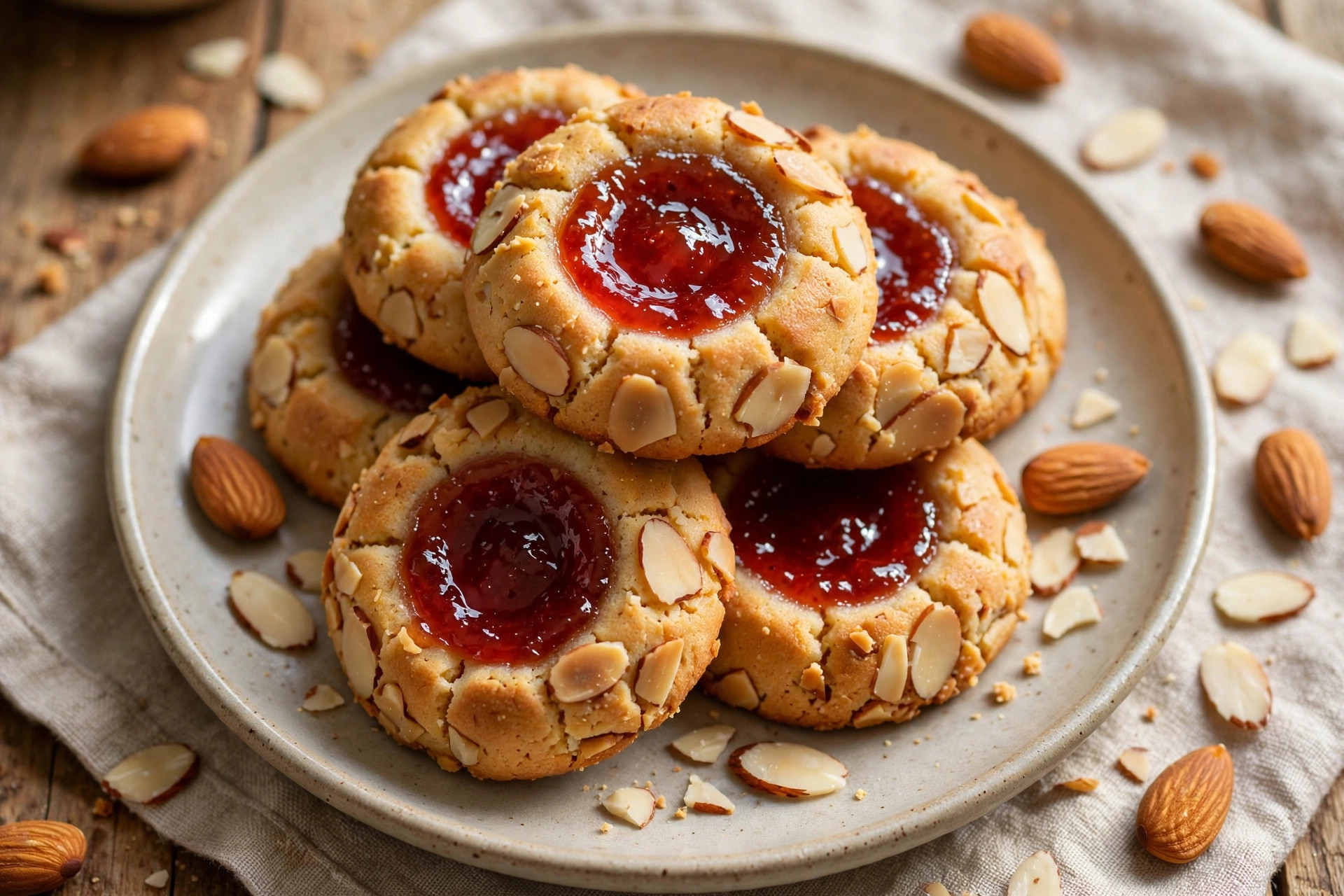 Almond jam thumbprint cookies with tart jam filling and a golden lattice top