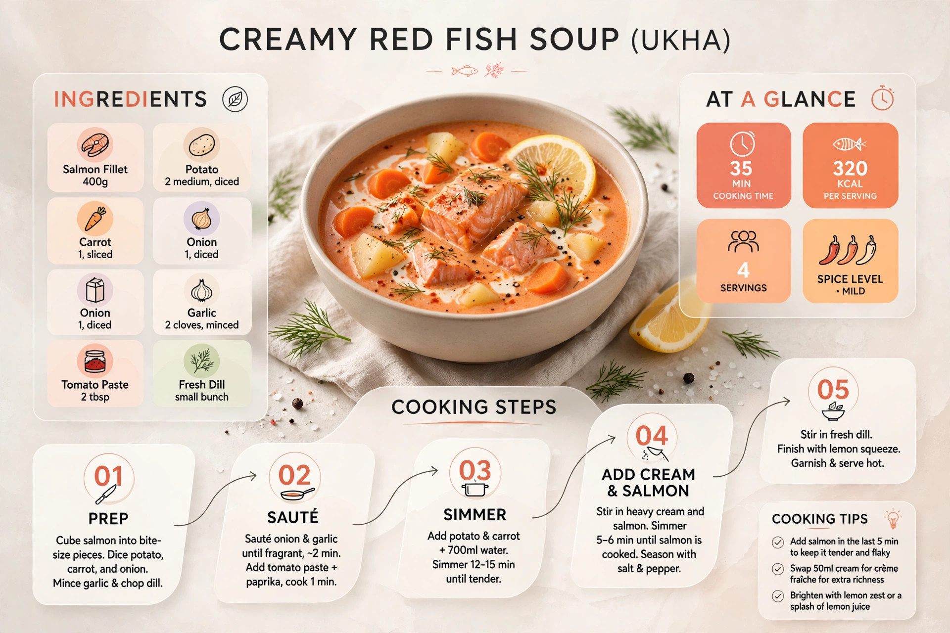 Recipe infographic: Creamy Red Fish Soup (Ukha) — ingredients and step-by-step visual guide