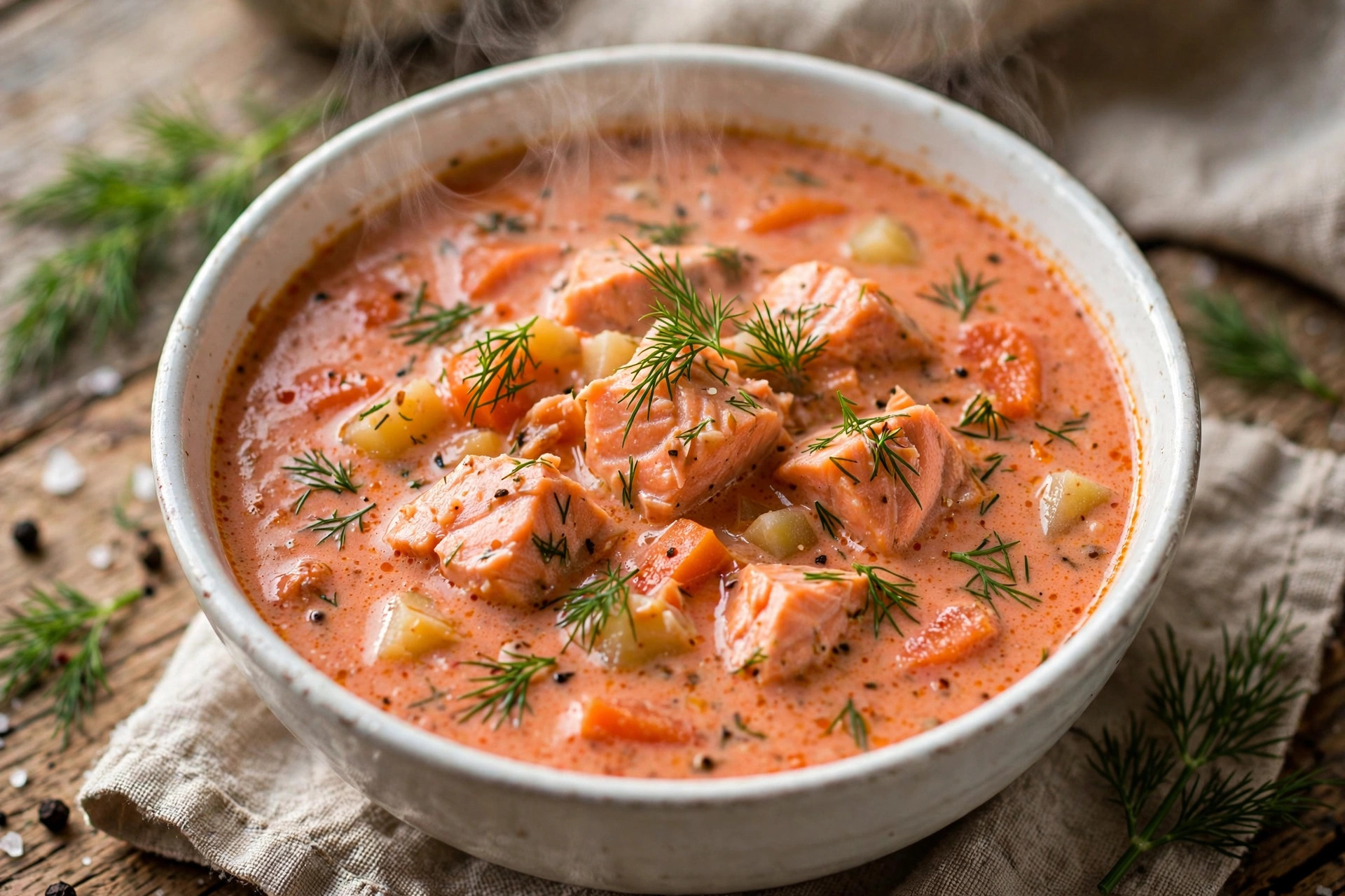 Creamy red fish soup with salmon chunks, potatoes, and fresh parsley