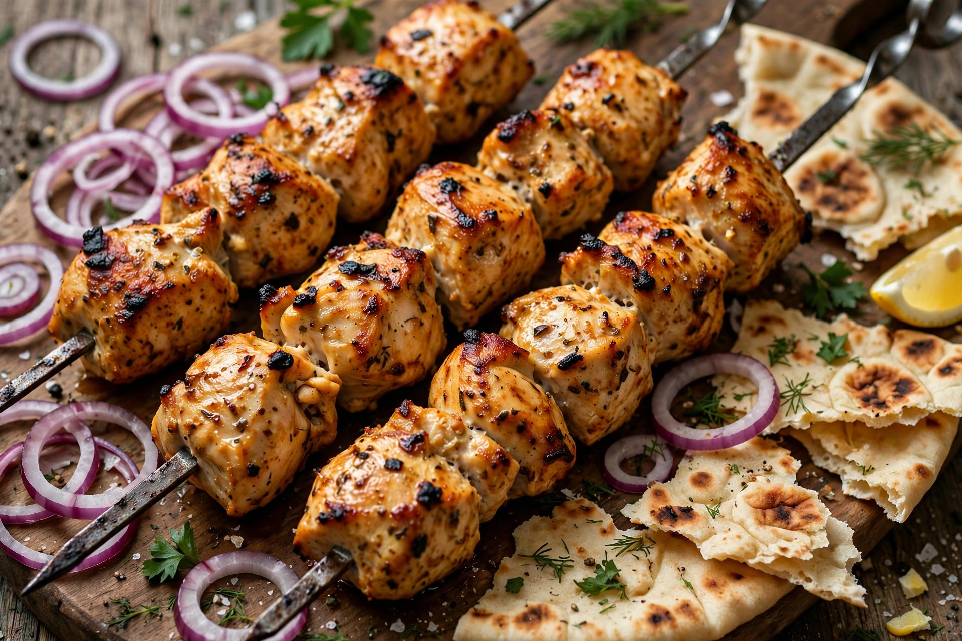 Juicy grilled chicken shashlik skewers with charred onion rings